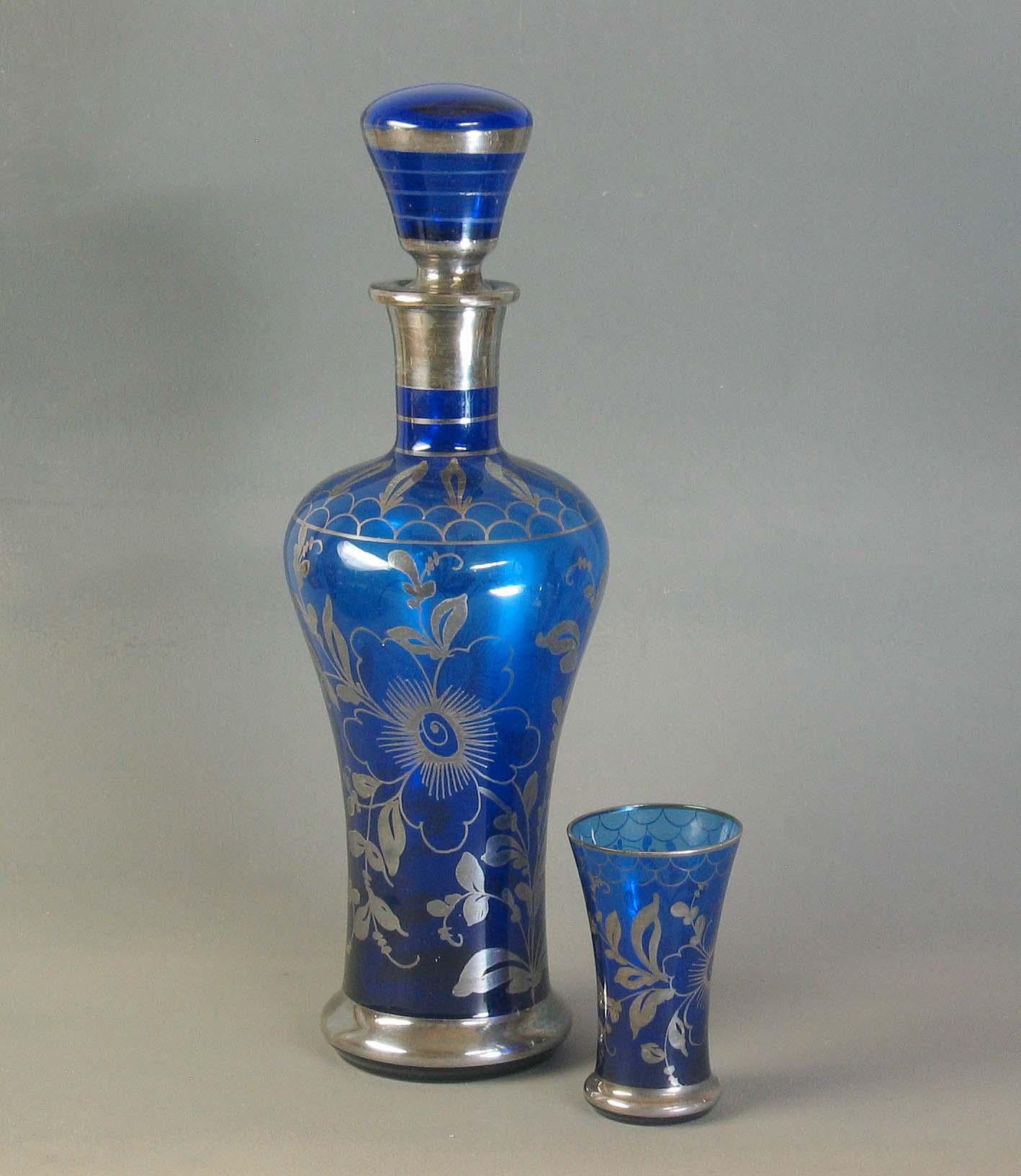 Italian Venetian Silver Gilded Cobalt Glass Liquor Set