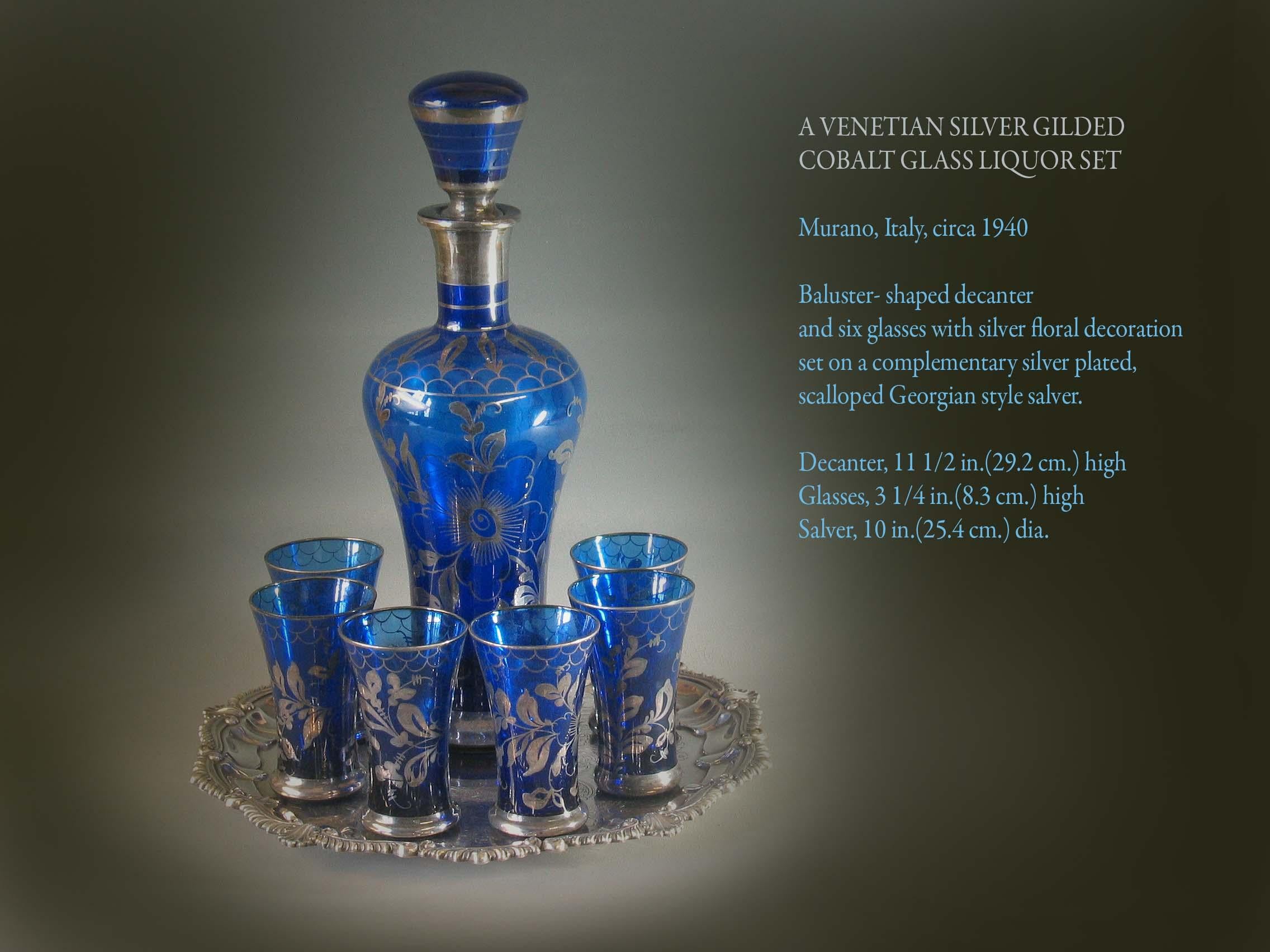 Venetian Silver Gilded Cobalt Glass Liquor Set 1