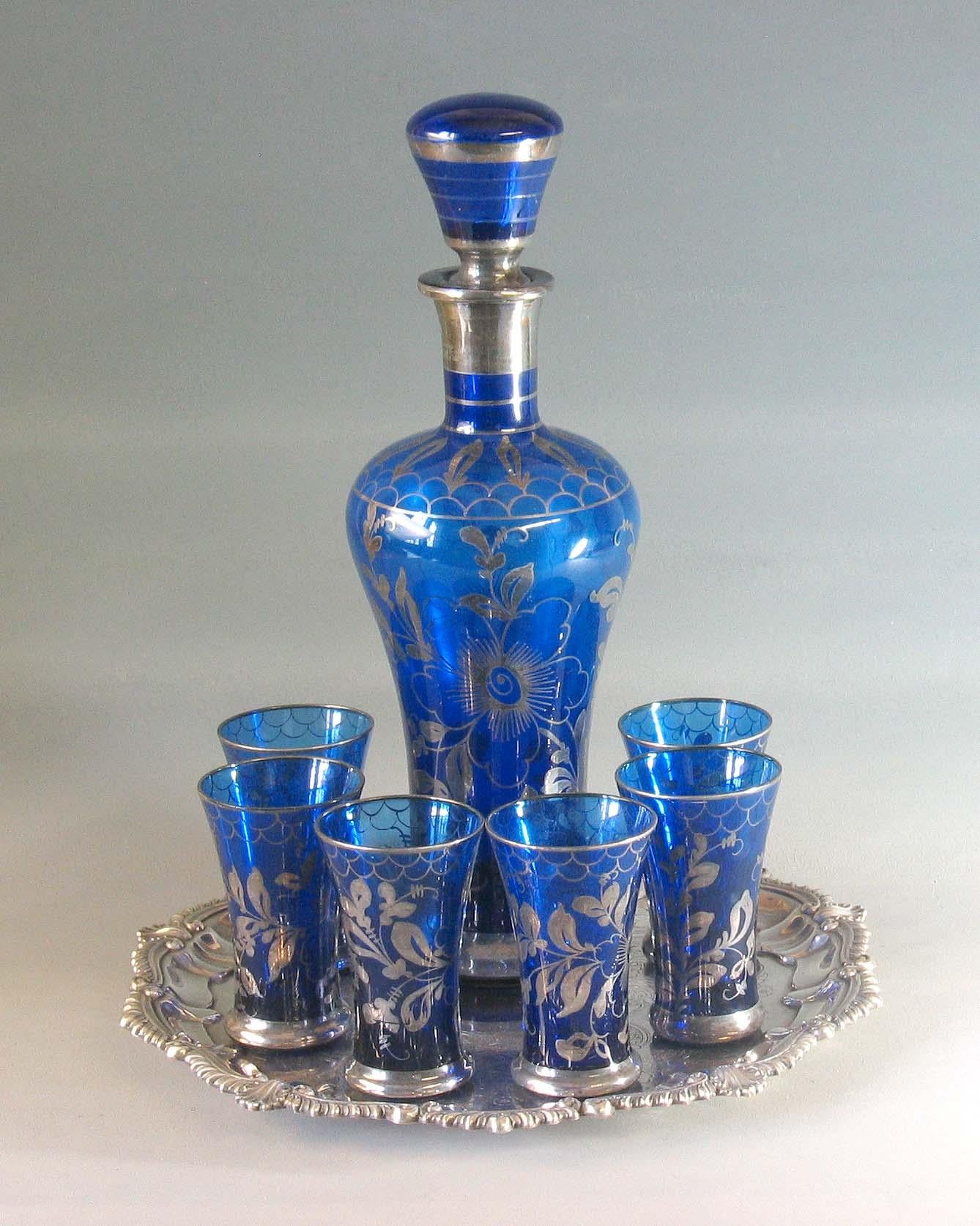 Venetian Silver Gilded Cobalt Glass Liquor Set 2