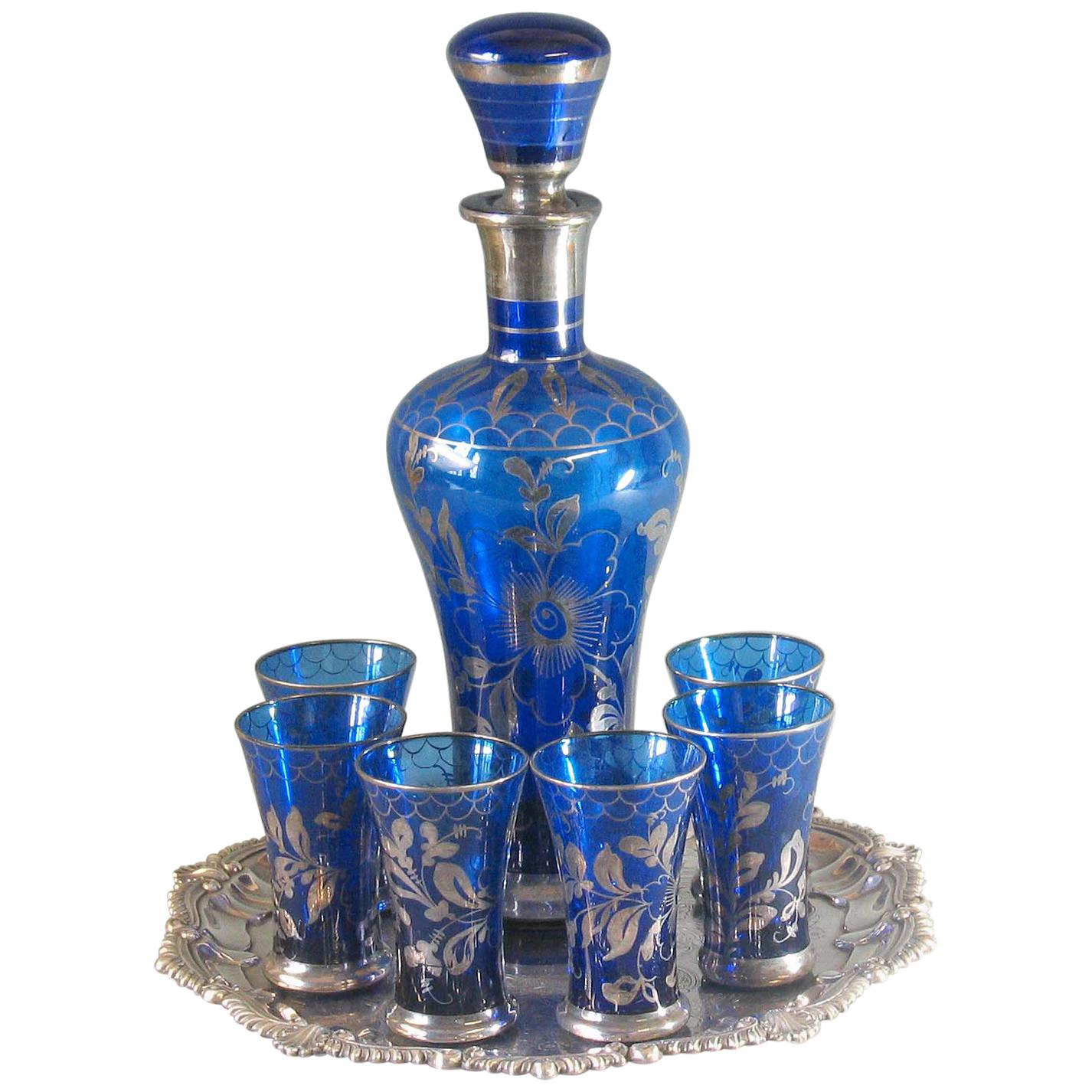 Venetian Silver Gilded Cobalt Glass Liquor Set