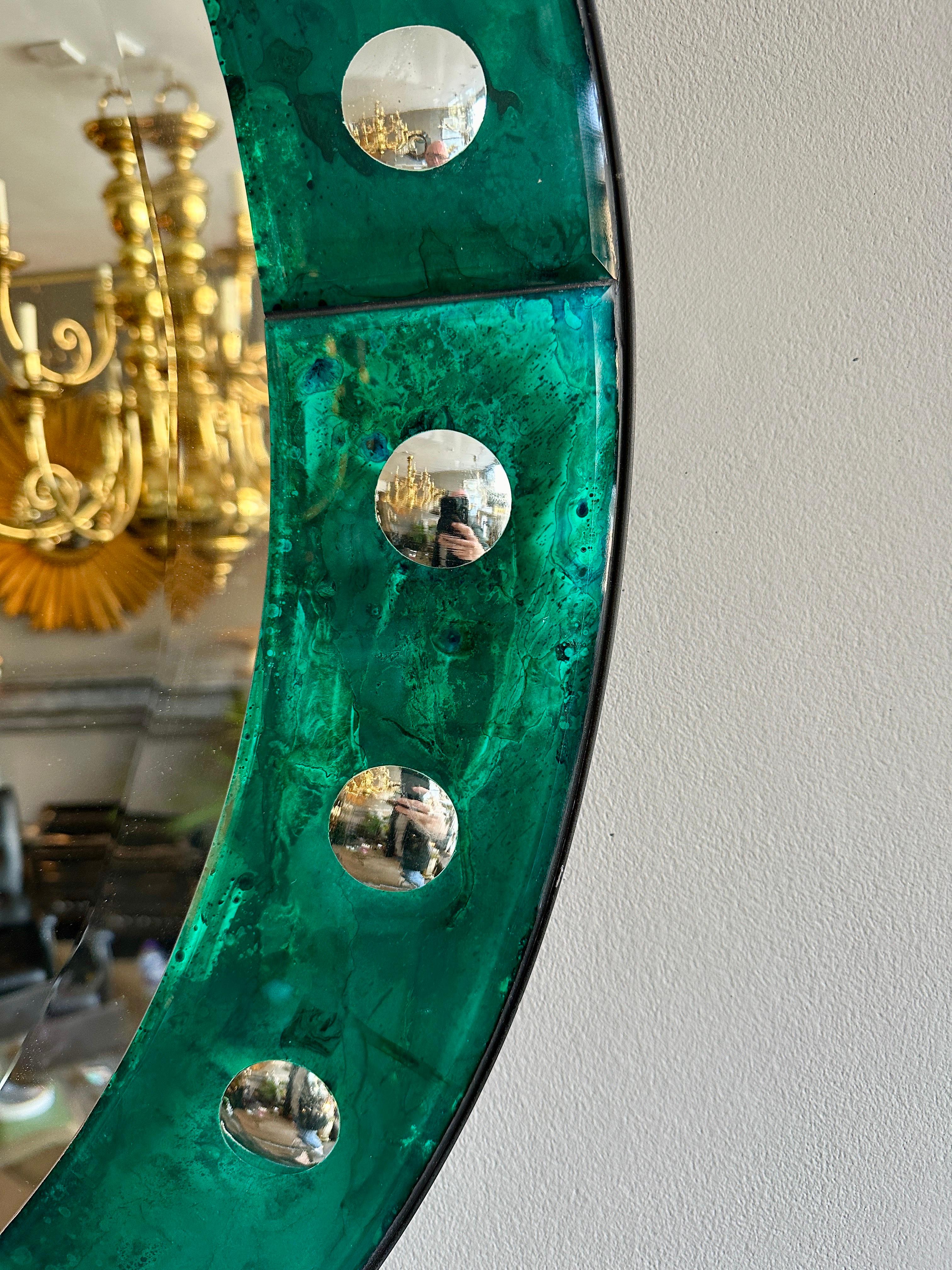 European A Venetian Style Circular Emerald Green Bordered Mirror  For Sale