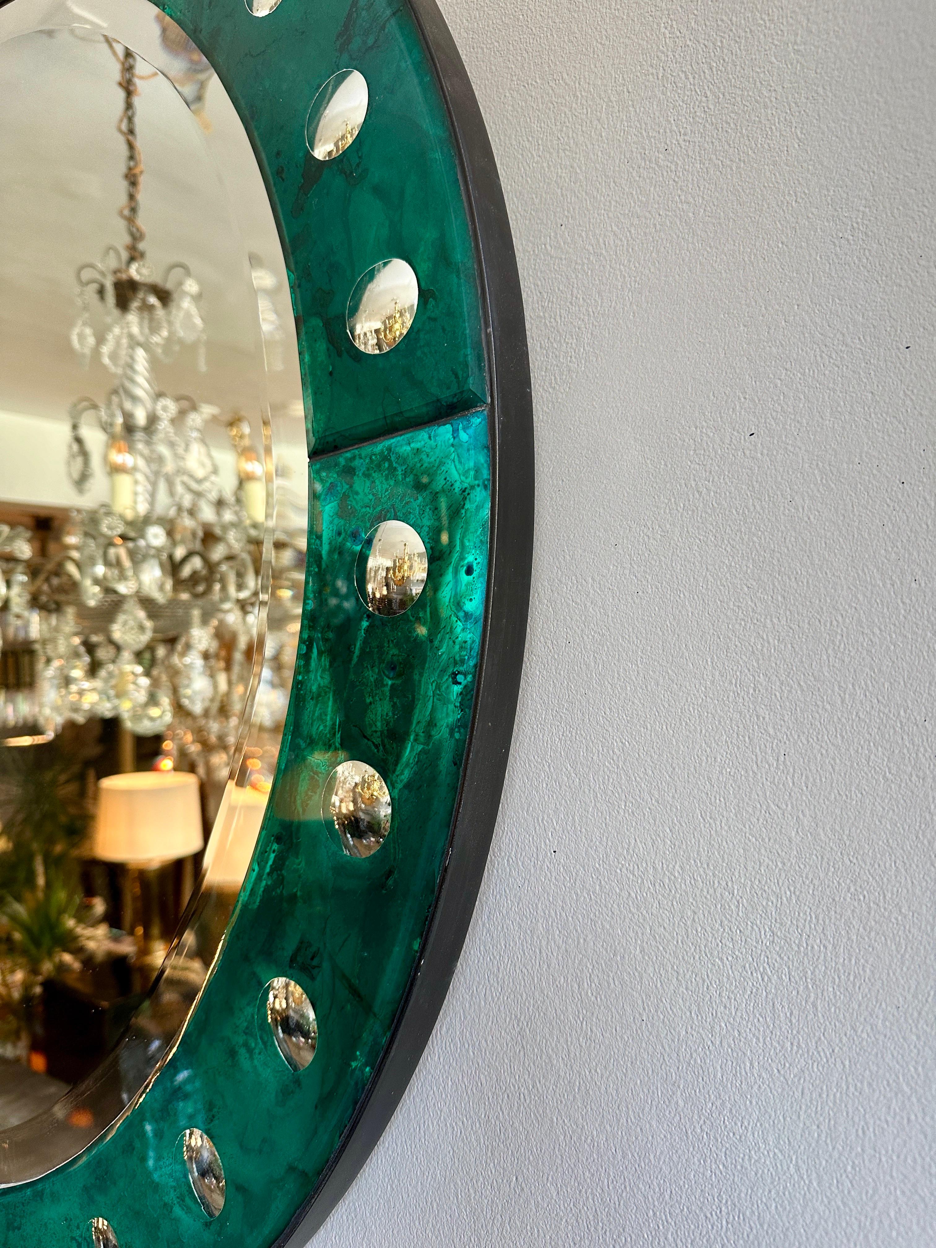 A Venetian Style Circular Emerald Green Bordered Mirror  For Sale 2