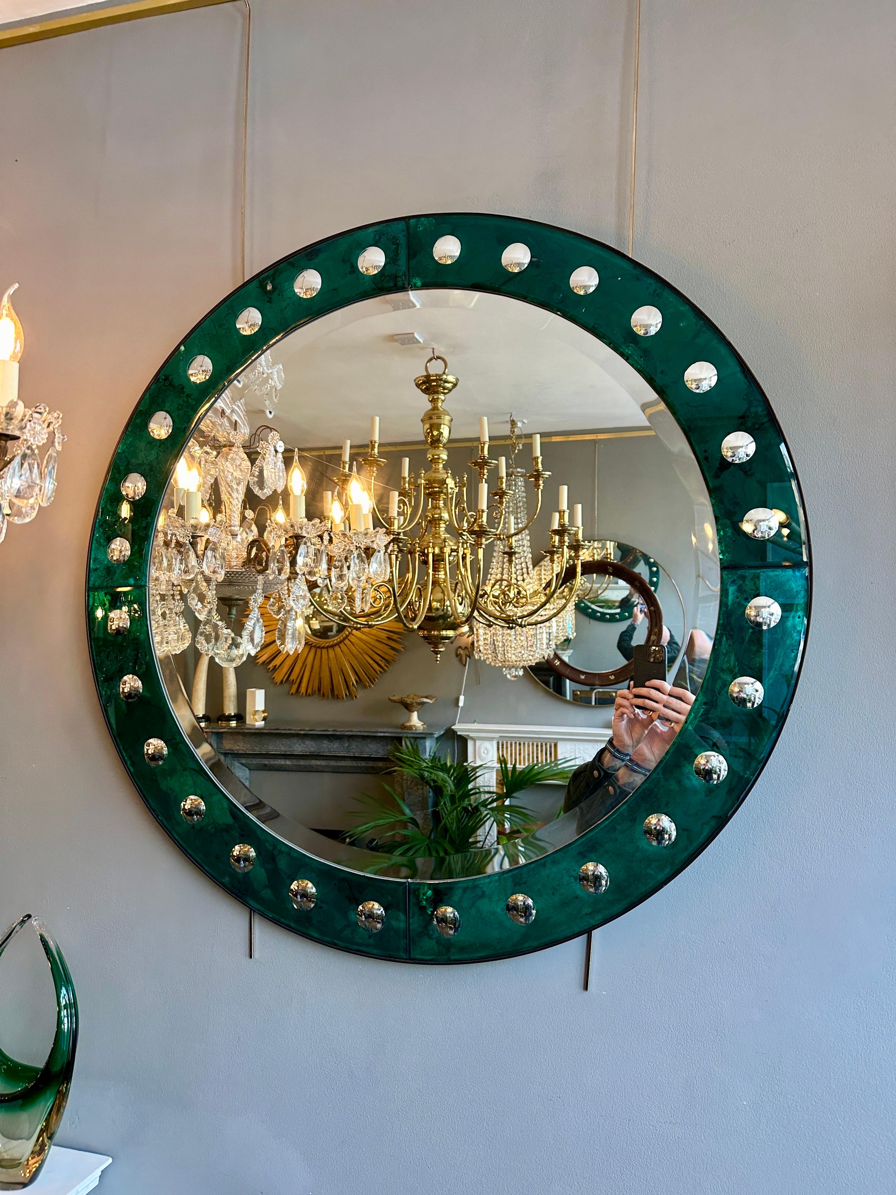 A Venetian Style Circular Emerald Green Bordered Mirror  3