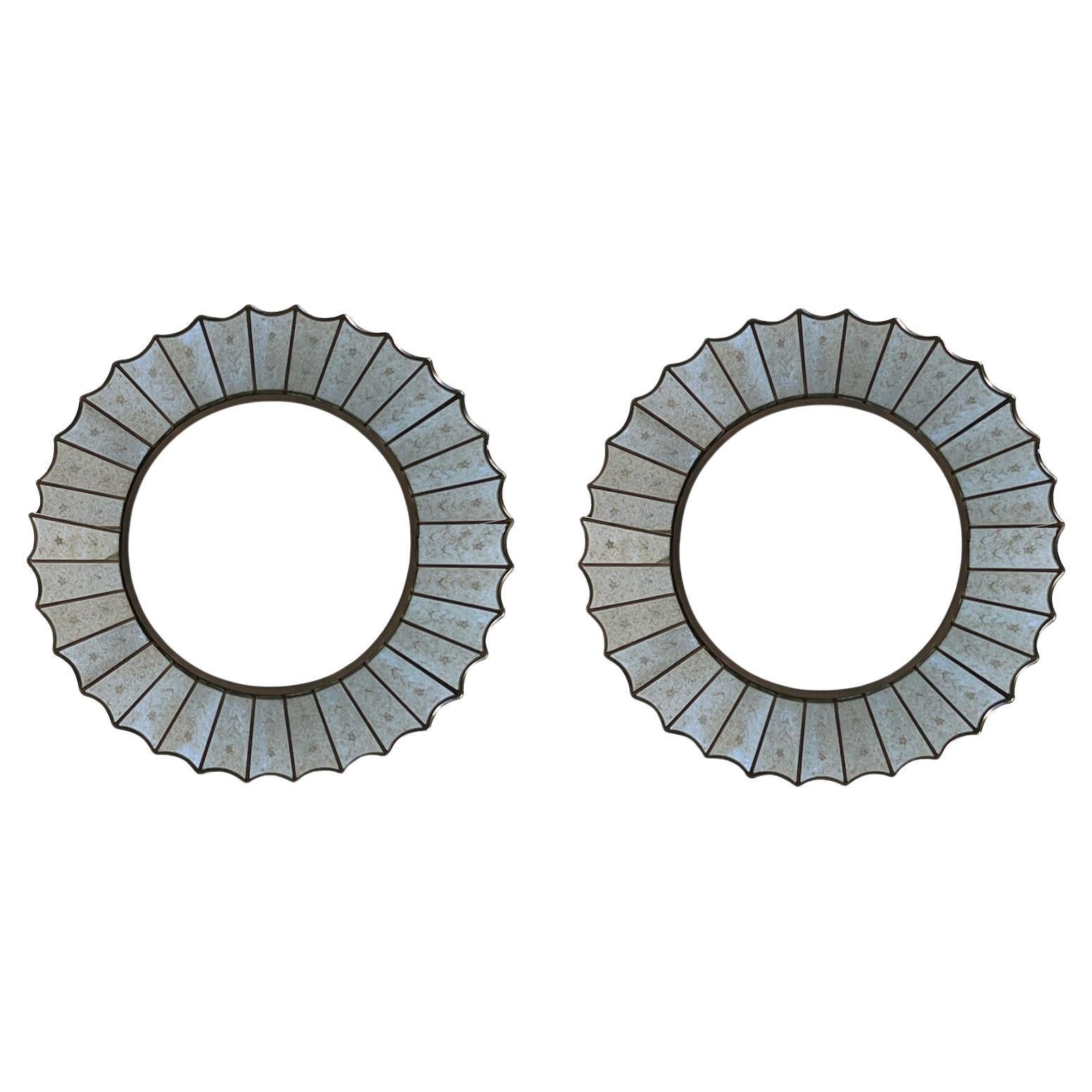Pair Venetian Style Reverse-etched Glass Sunburst Mirrors