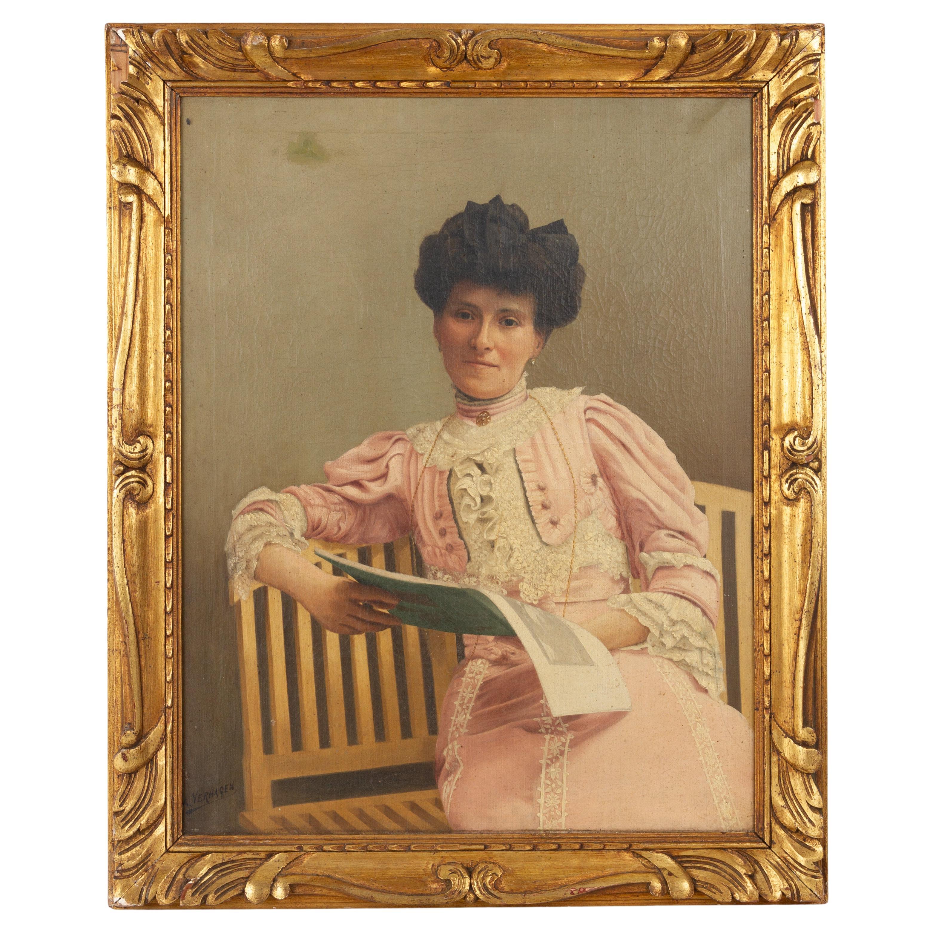 A. Verhagen Dutch Portrait Seated Woman 19th Century Signed Oil Painting 