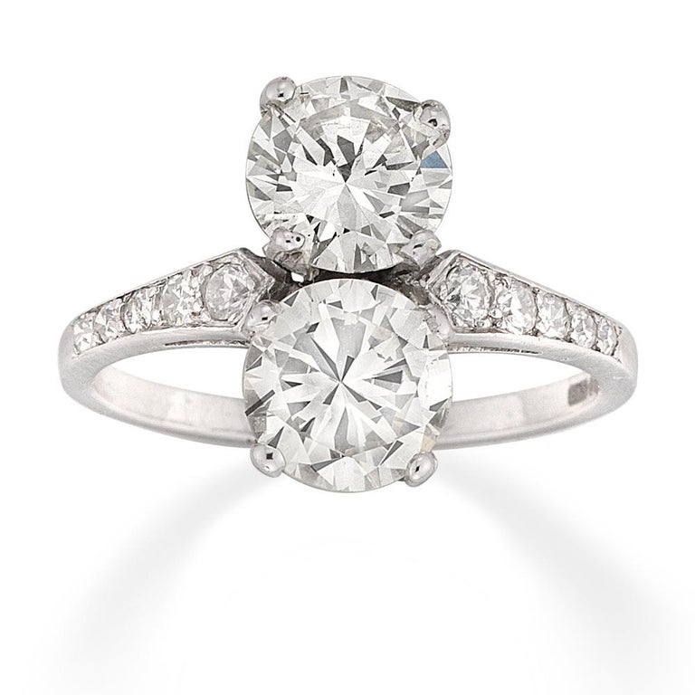 Art Deco Vertical Two Stones Round Brilliant-Cut Diamond Ring For Sale