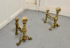 Victorian Brass Andirons, Elegant Fire Dogs, Antique, 19th Century, UK