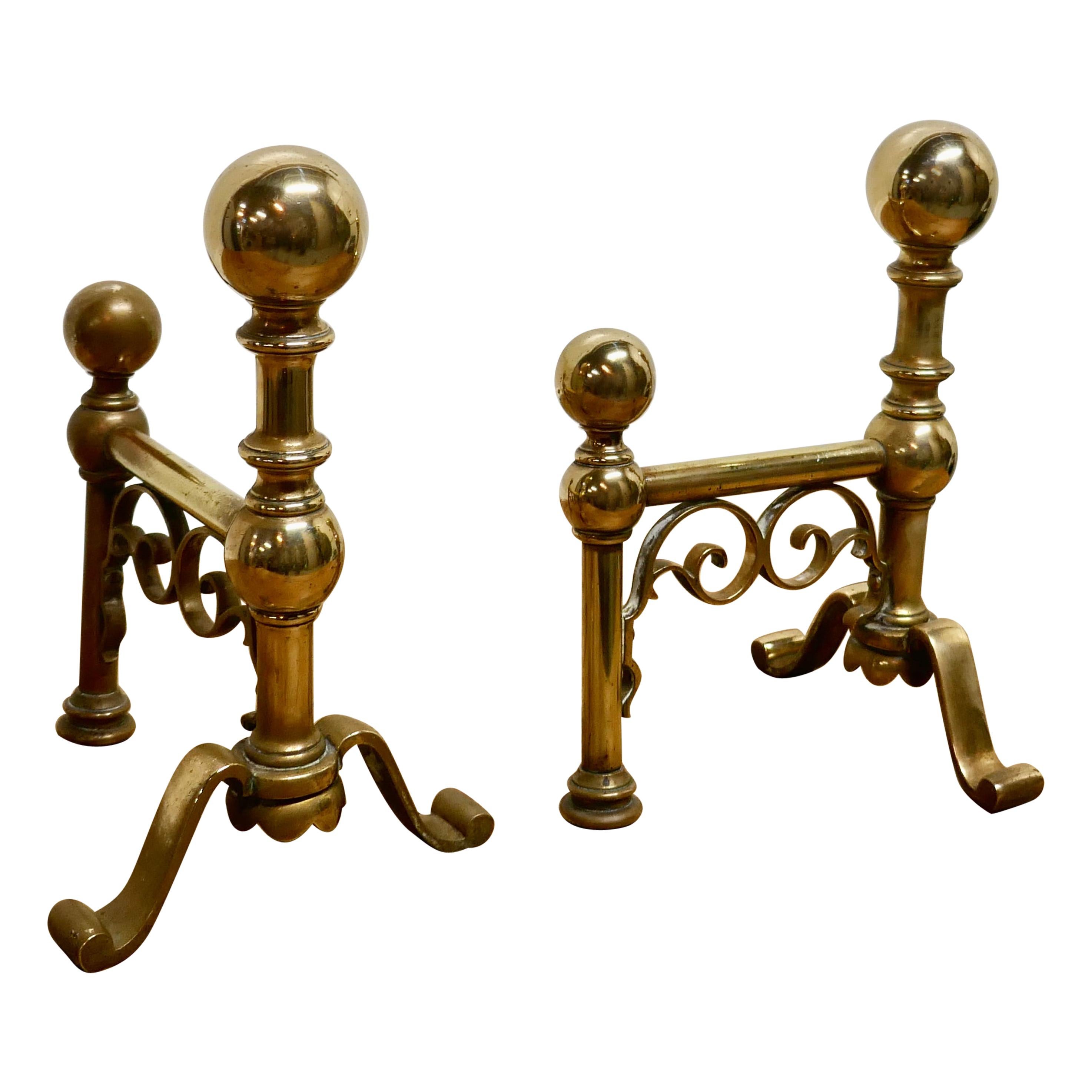 Very Attractive Pair of Brass Andirons For Sale