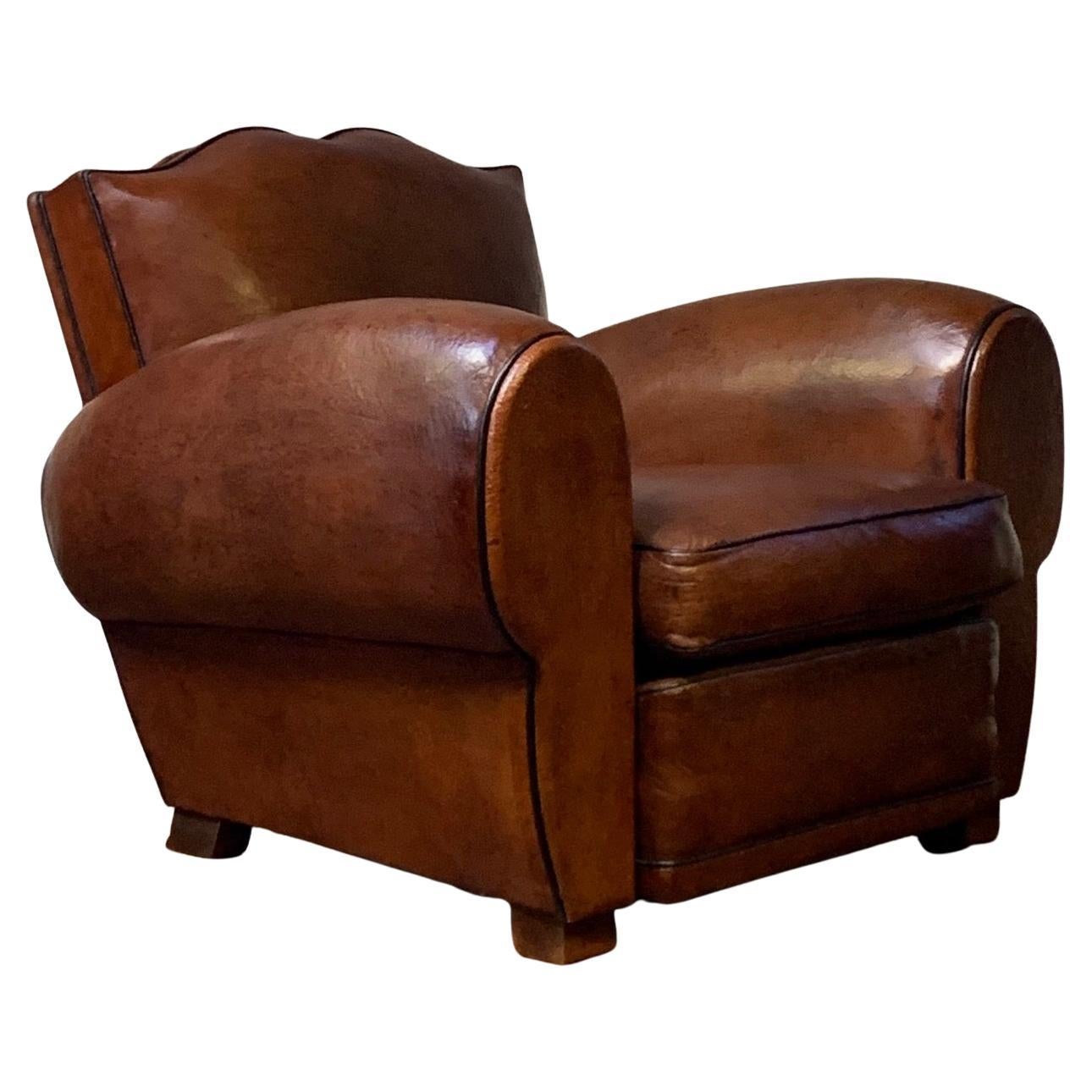 A Very Beautiful French Leather Club Chair Havana Moustache Model Circa 1930’s