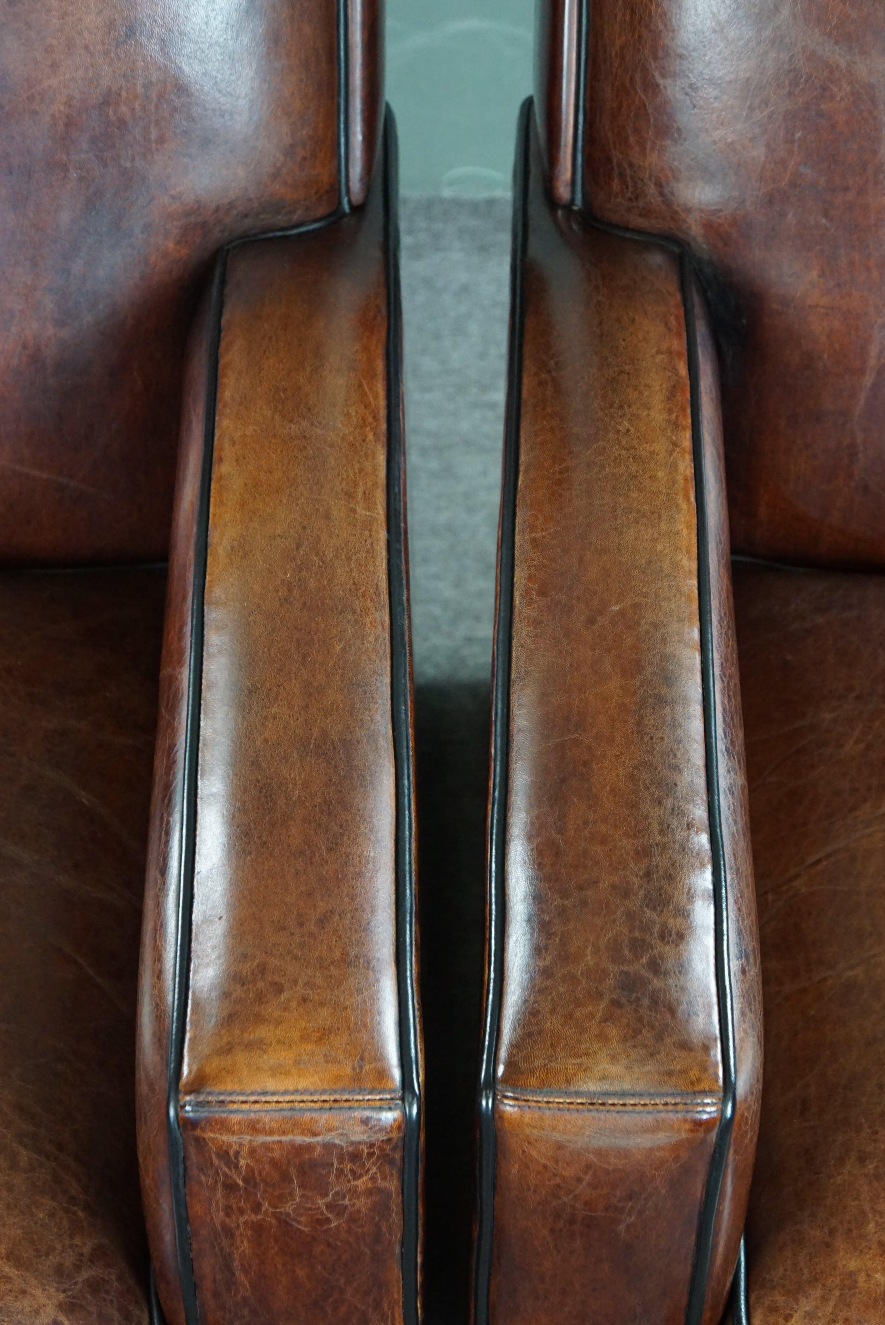A very beautiful set of 2 Art Deco design armchairs in sheep leather For Sale 4