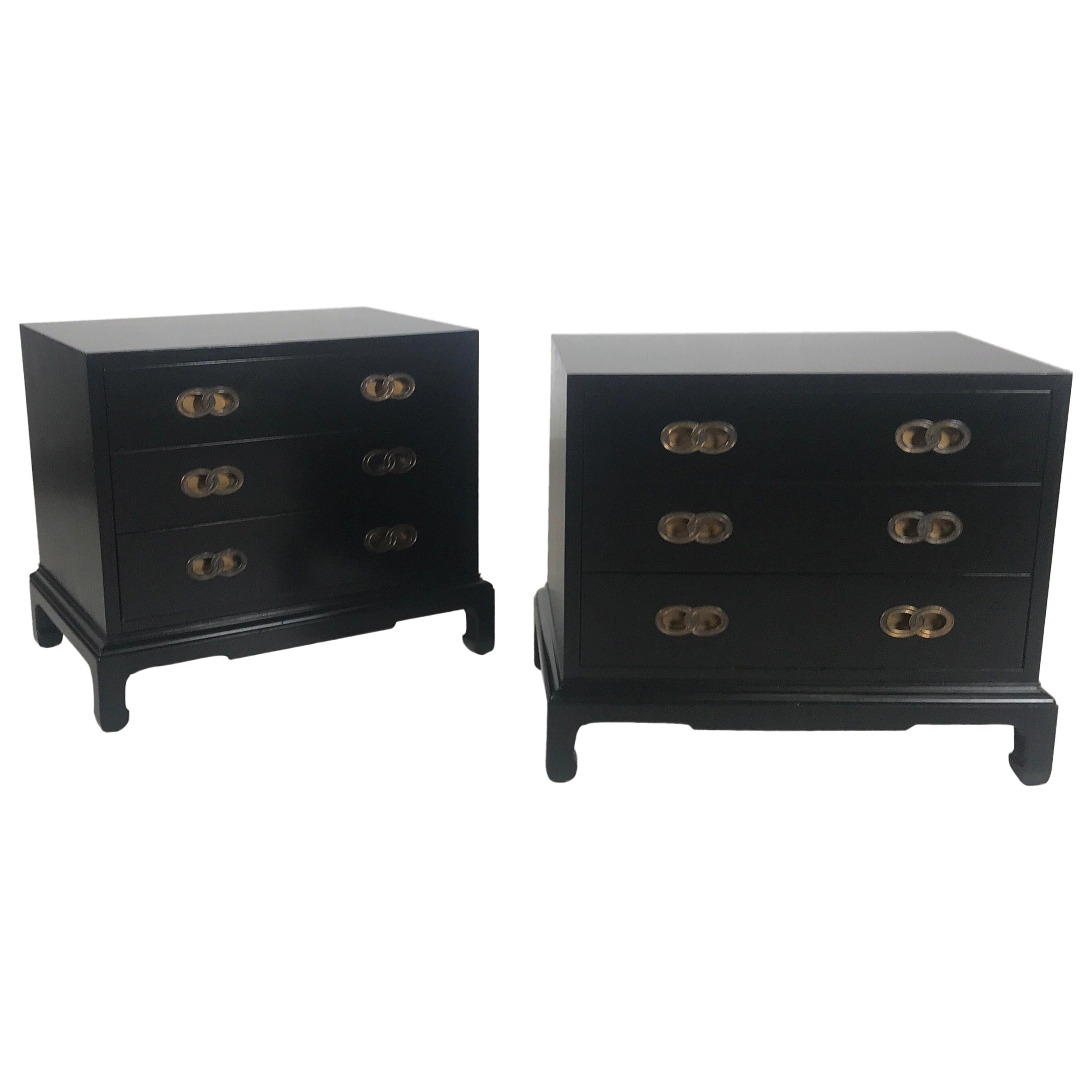 Very Chic Pair of James Mont Style Ebonized Low Chests by Henredon
