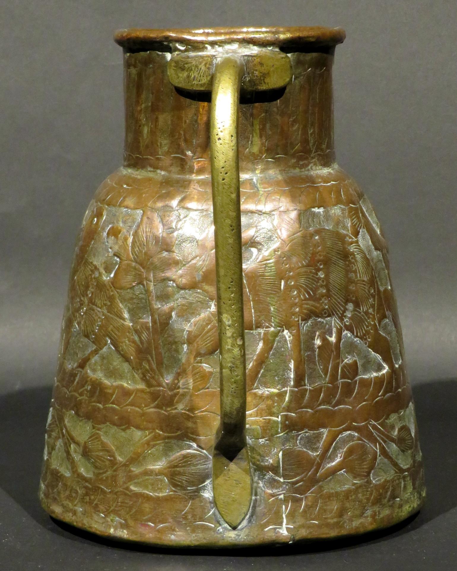 Embossed Very Decorative Hand Hammered Copper Jug, India Circa 1900
