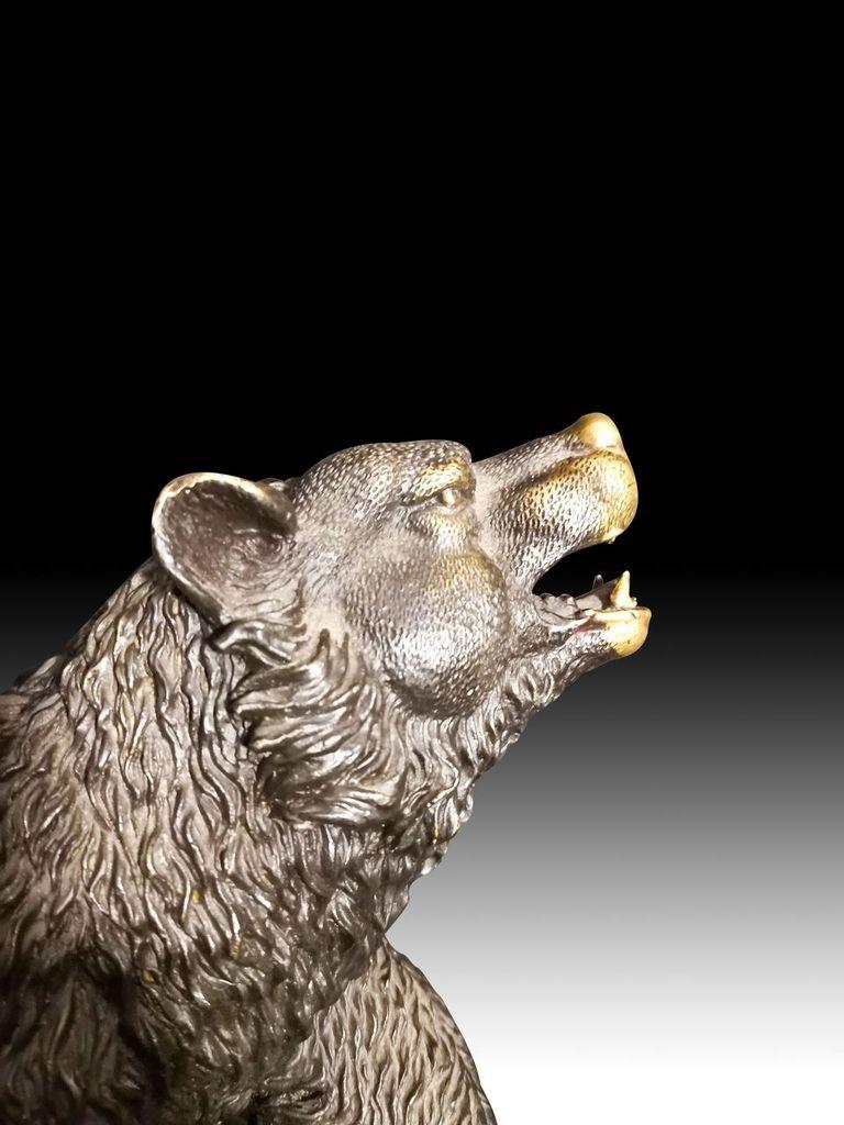 French Very Detailed Bronze Bear Over Marble Stand 20th Century