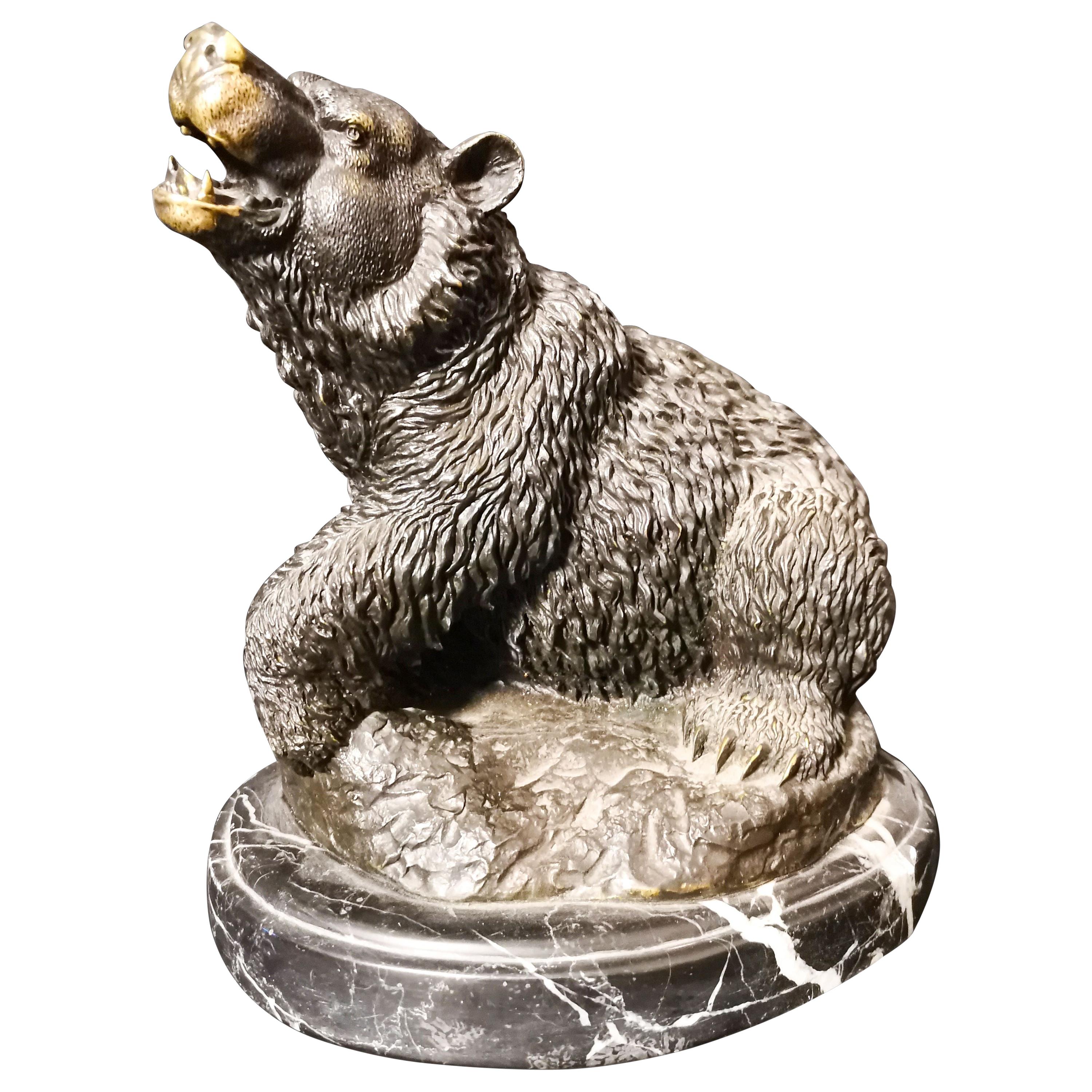 Very Detailed Bronze Bear Over Marble Stand 20th Century
