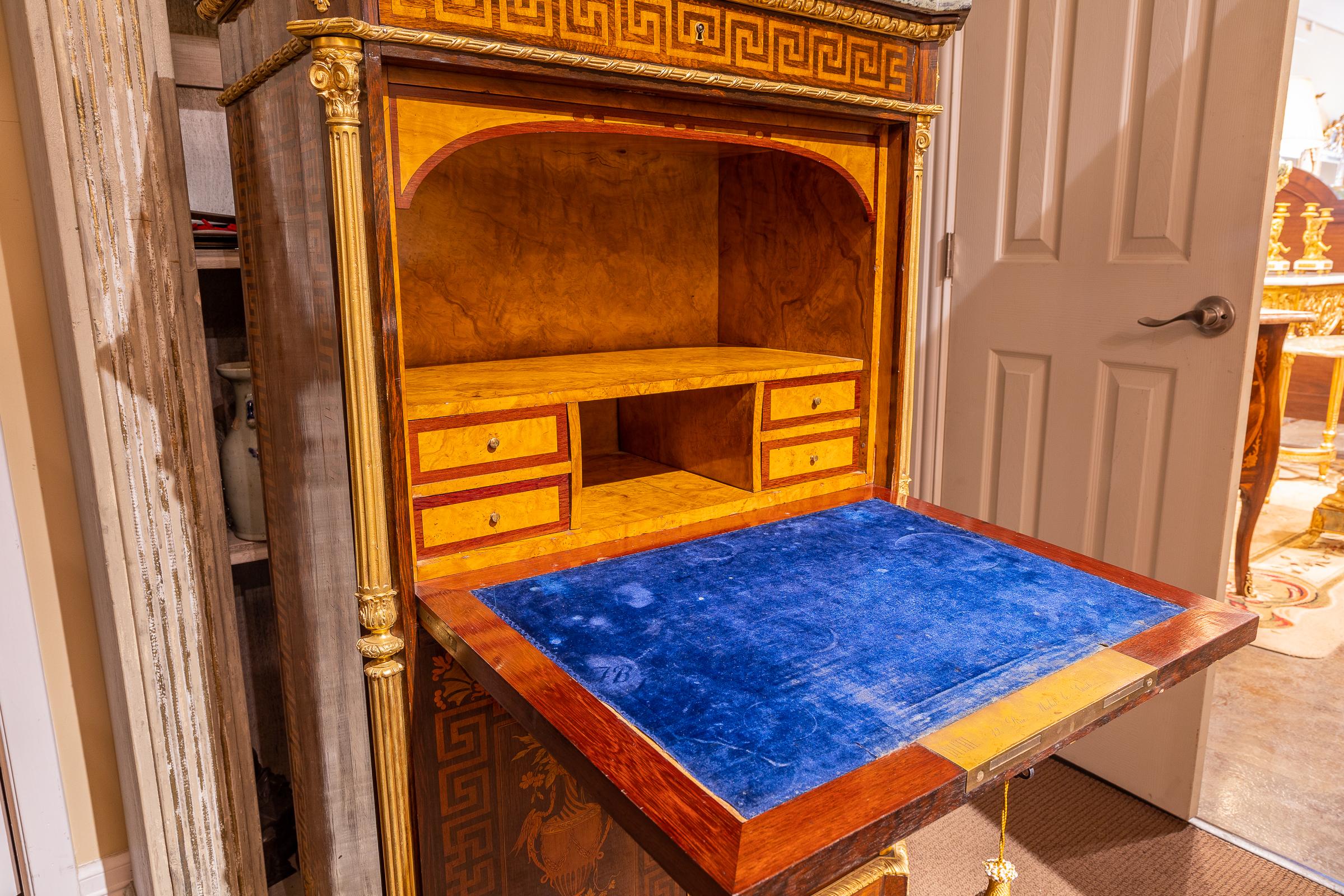 Tulipwood Very Fine 19th Century French Louis XVI Marquetry Secretaire Abattant by Diehl. For Sale
