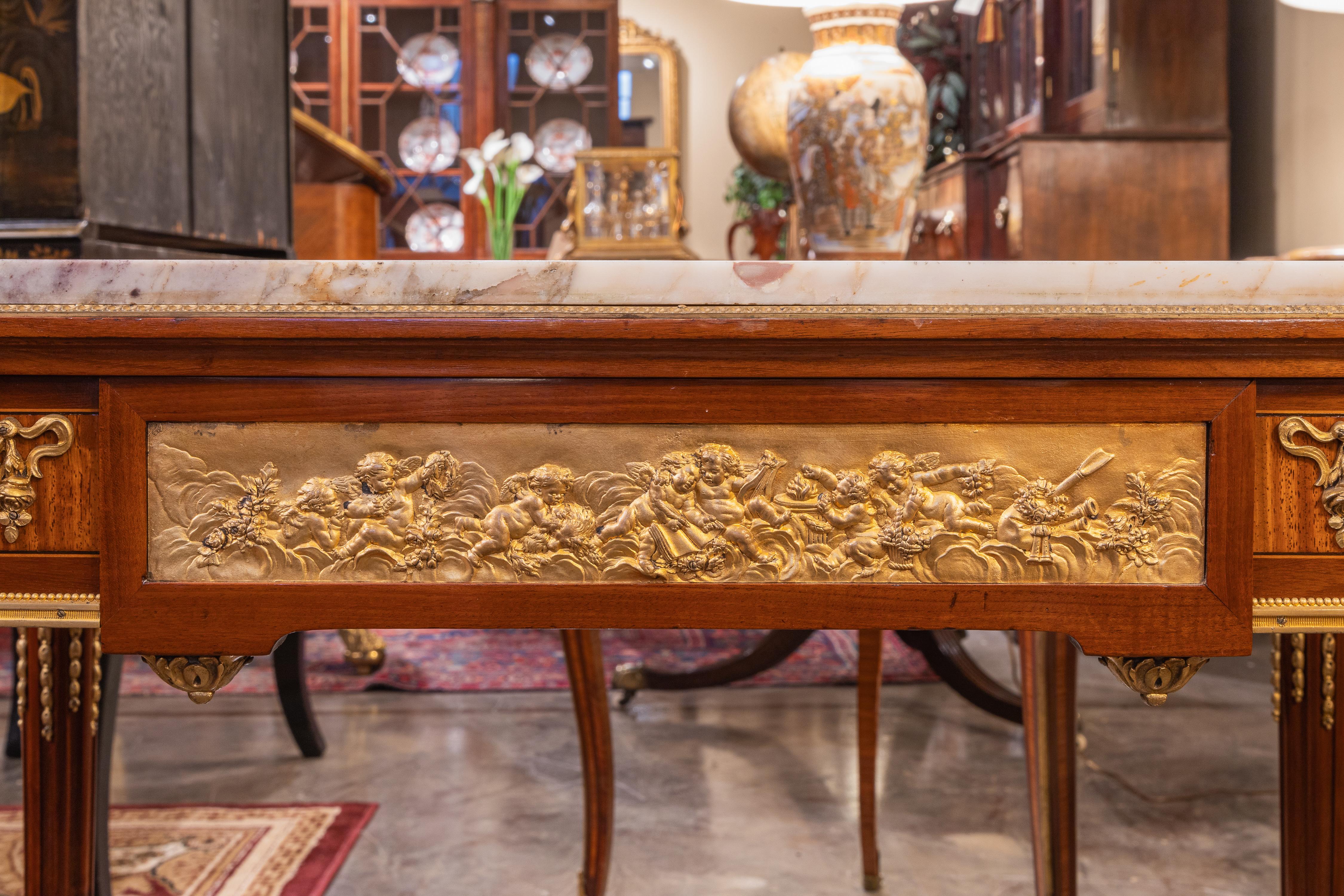 Bronze A very fine 19th c French Louis XVI signed marble top and gilt bronze table For Sale