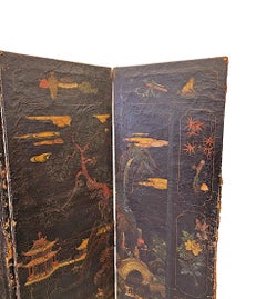 A Very Fine 19th Century Four Fold Oriental Screen With Hide Painted Panels