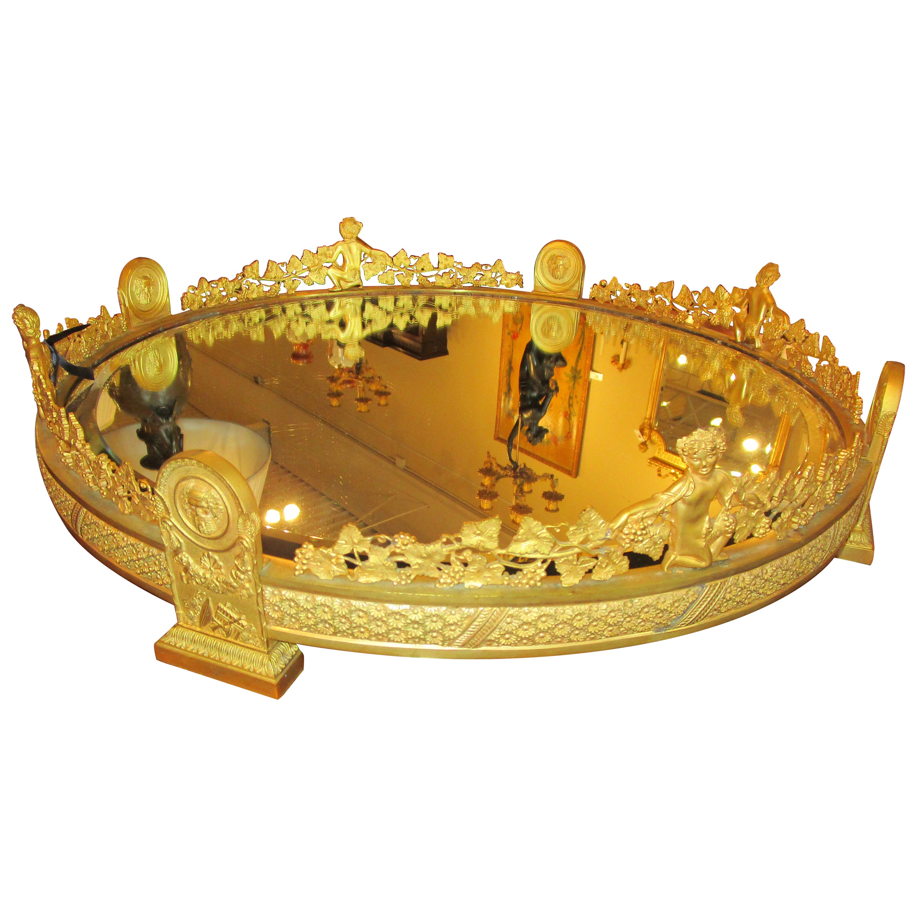 Très beau plateau à miroir en bronze doré français du 19e siècle