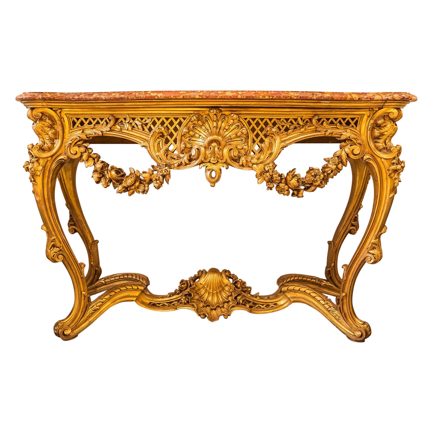 Très belle console en marbre sculpté et doré de style Louis XVI du XIXe siècle.