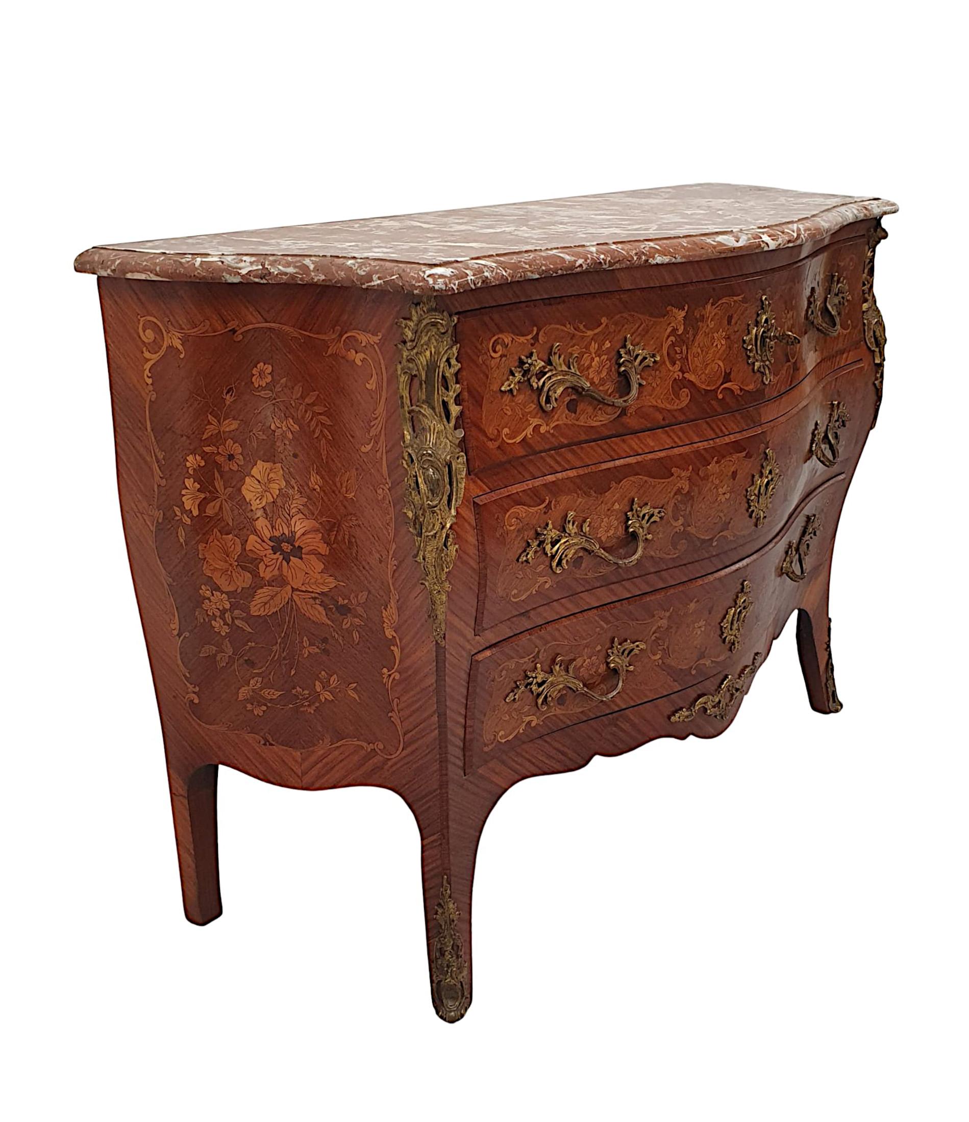 A very fine 19th century marquetry marble top chest of drawers of serpentine form, finely hand carved with gorgeously rich patination and grain. Ormolu mounted throughout and intricately inlaid with beautiful marquetry panels depicting exquisite