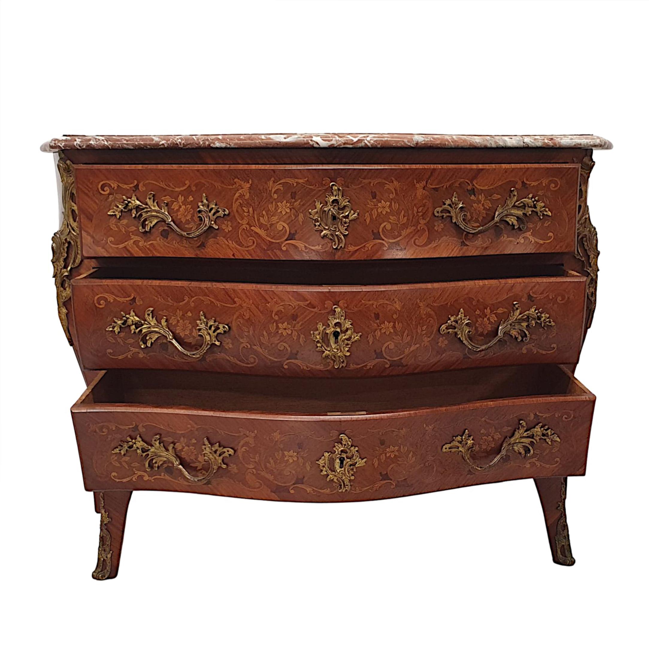 Ormolu Very Fine 19th Century Marquetry Inlaid Marble Top Chest of Drawers For Sale