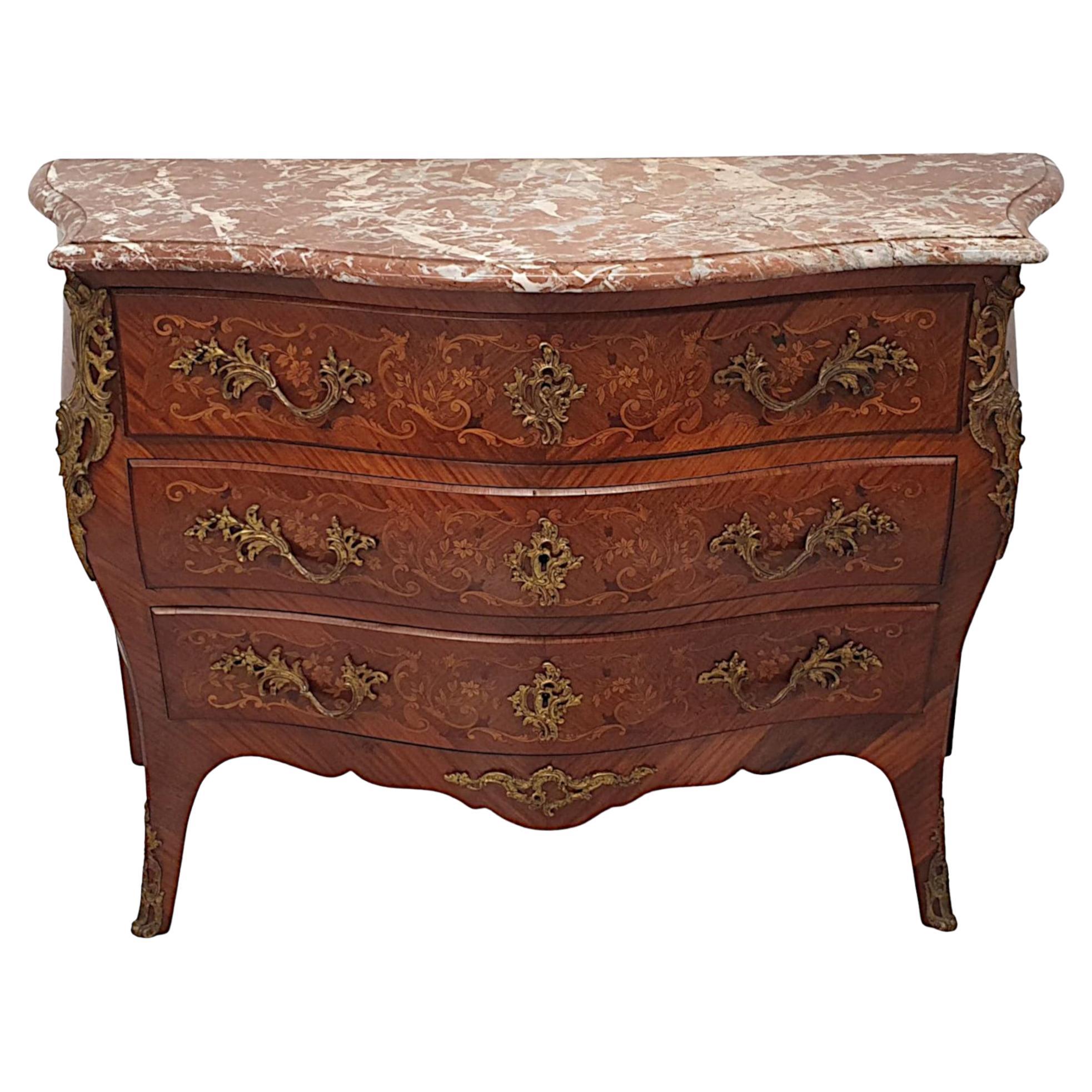 Very Fine 19th Century Marquetry Inlaid Marble Top Chest of Drawers