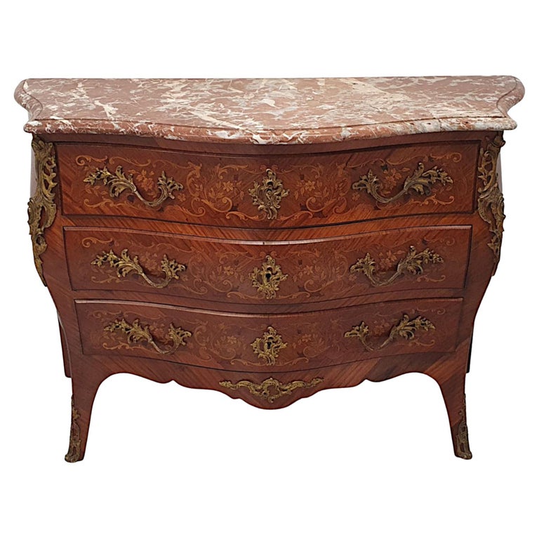 Very Fine 19th Century Marquetry Inlaid Marble Top Chest of Drawers For