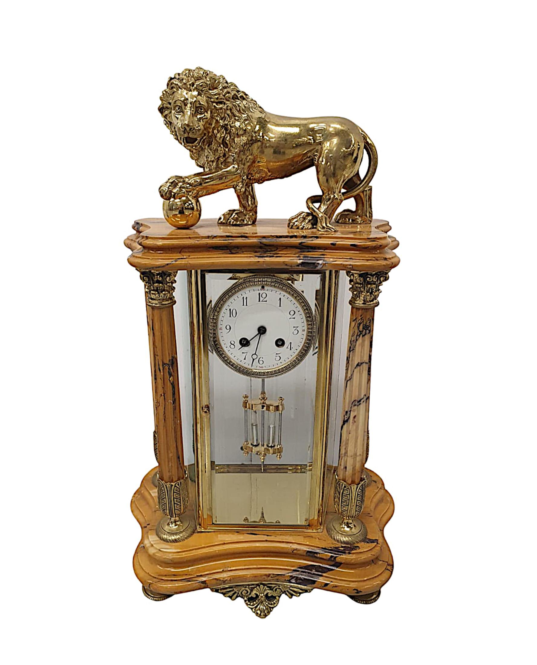 A very fine 19th century Sienna marble three piece clock garniture set in the Neoclassical manner, of fabulous quality, fully serviced and brass mounted throughout. The garniture clock with white enamel dial of circular form with black numerals is