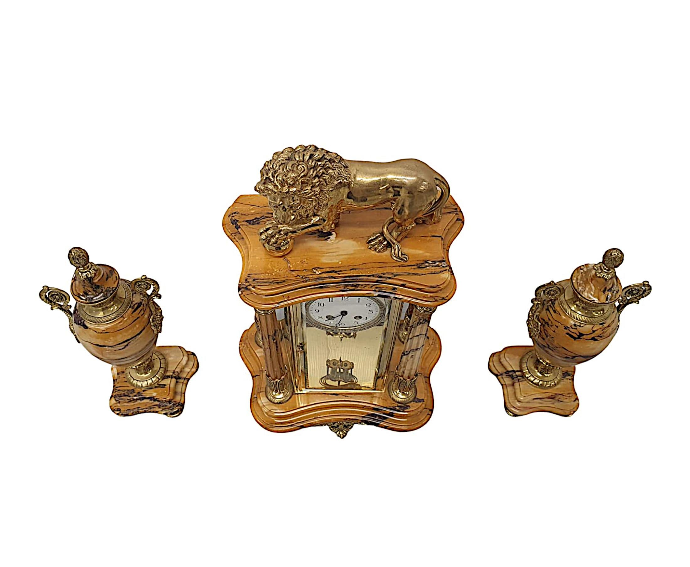 Brass Very Fine 19th Century Sienna Marble Garniture Clock Set For Sale