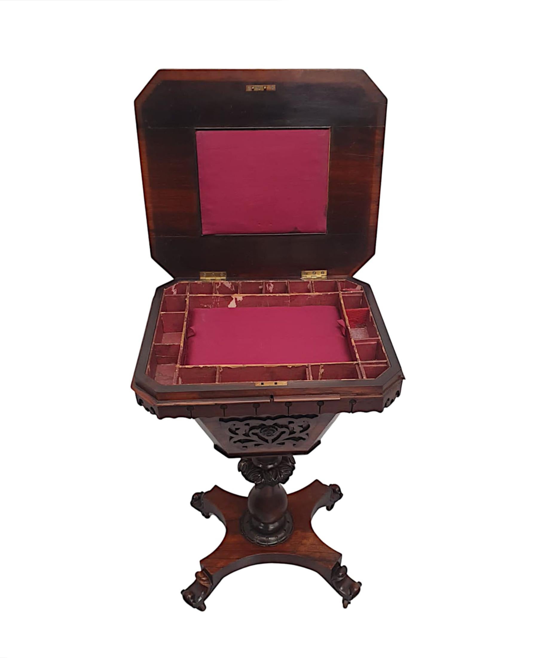 A very fine 19th Century fruitwood workbox or occasional table of fabulous quality with rich patination and grain.  The well figured line inlaid and crossbanded top of rectangular form with canted corners opens upwards to reveal a beautifully lined