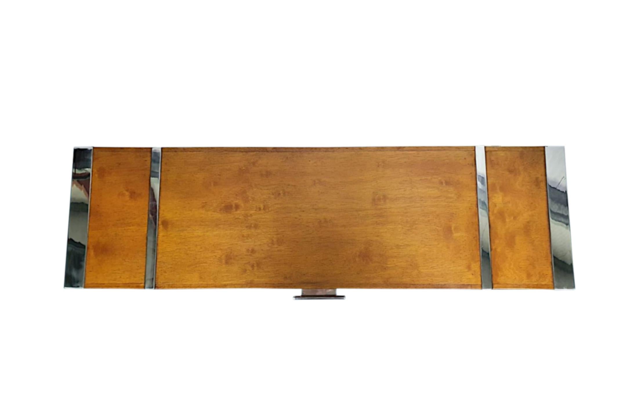 Mesa consola muy fina de madera de cerezo y cromo de diseño Art Decó del siglo XX Francés en venta