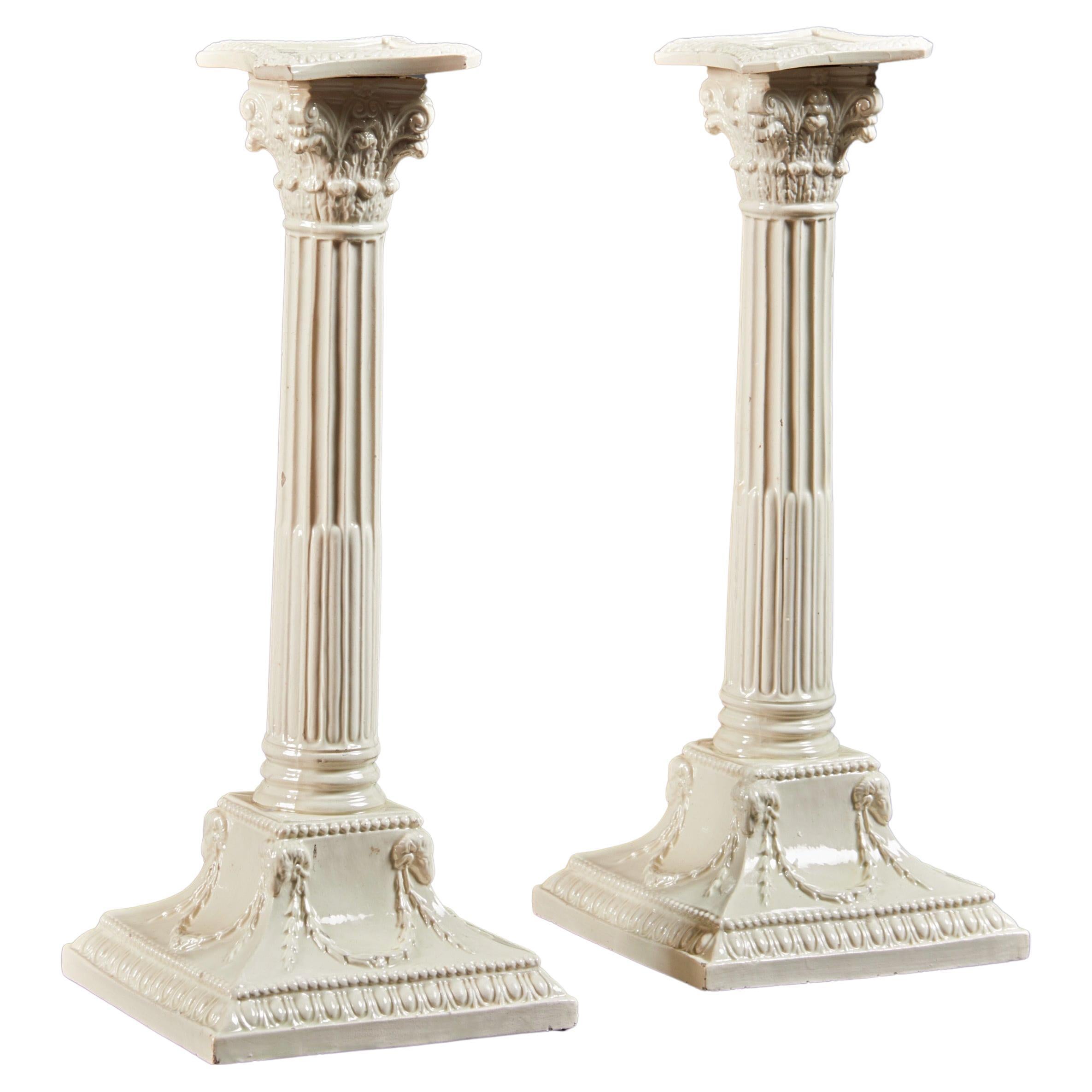 Very Fine and Beautiful Pair of English 18th Century Creamware Candlesticks For Sale