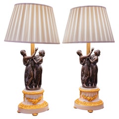 A very fine and large pair of 19th c French bronze and alabaster figural lamps A very fine and large pair of 19th c French bronze and alabaster figural lamps