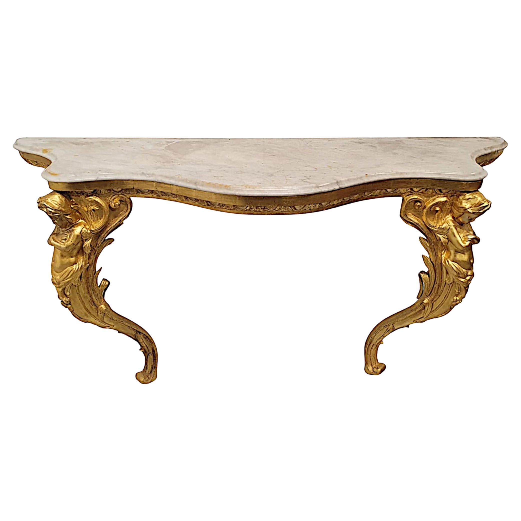  Très belle et rare table console en bois doré à plateau en marbre du 19e siècle 