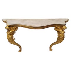 Très belle et rare table console en bois doré à plateau en marbre du 19e siècle 