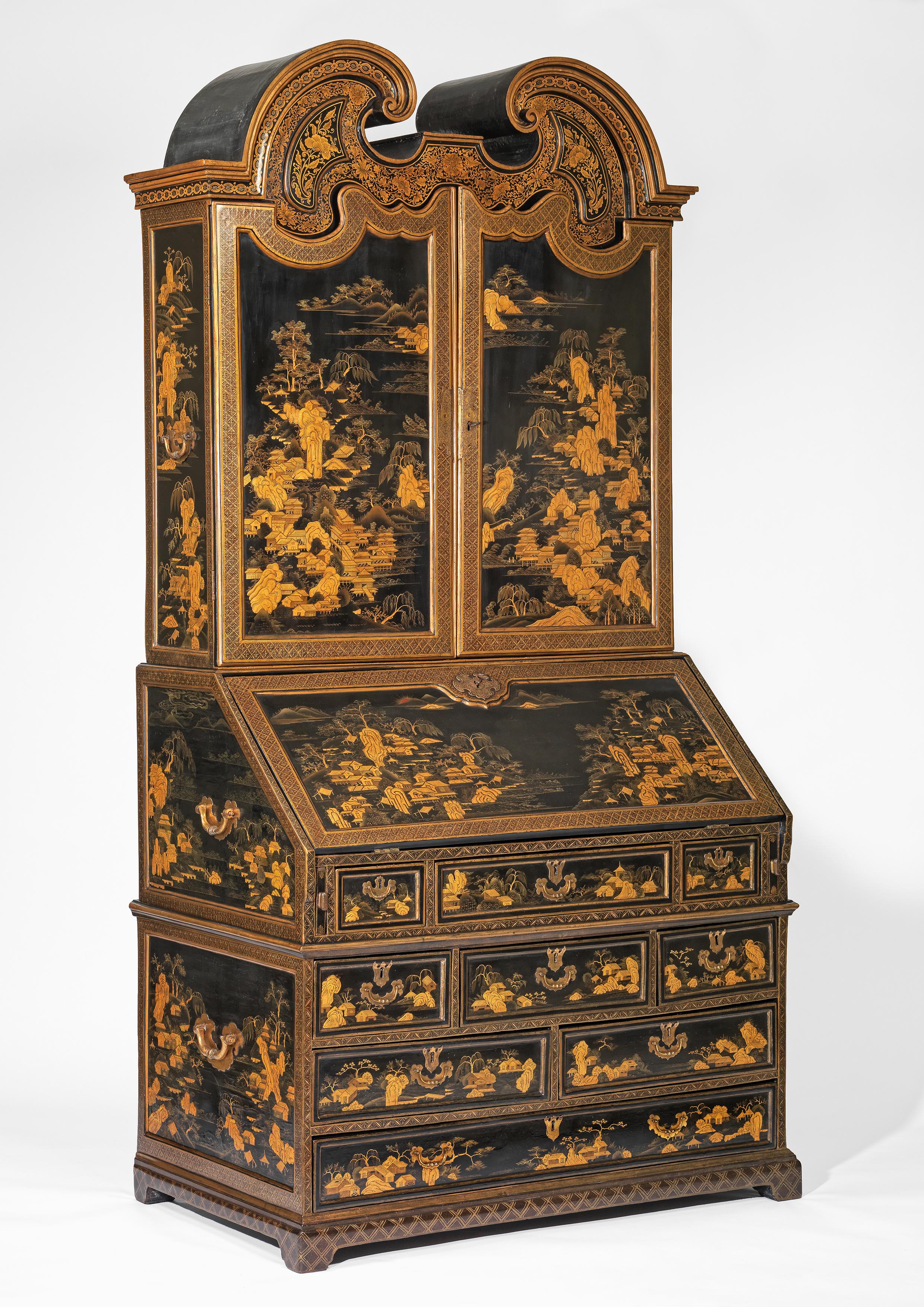 Hand-Crafted Very Fine and Rare Chinese Export Black and Gold Bureau Cabinet For Sale