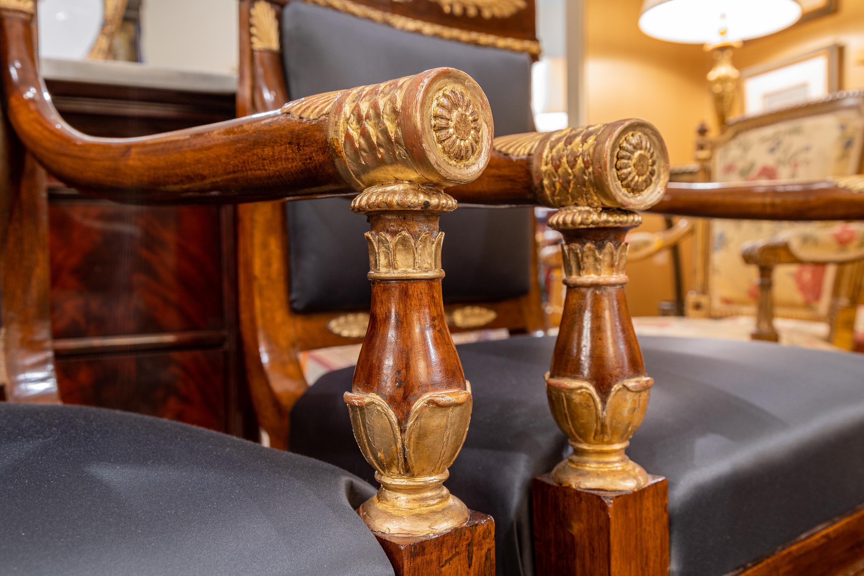 Hand-Carved Very Fine and Rare Pair of Early 19th C Italian Empire Carved and Gilt Chairs For Sale