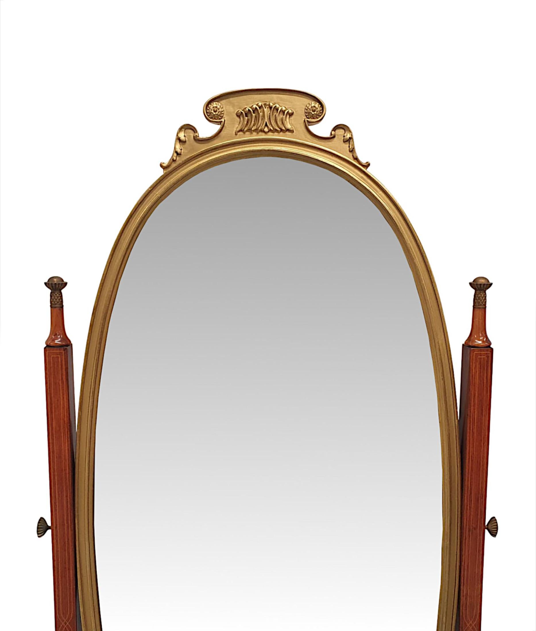 English Very Fine and Unusual Edwardian Fruitwood and Giltwood Cheval Mirror For Sale