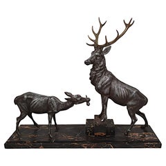 Antique Very Fine Art Deco Animalier Sculpture of a Stag and Doe by L.A. Carvin