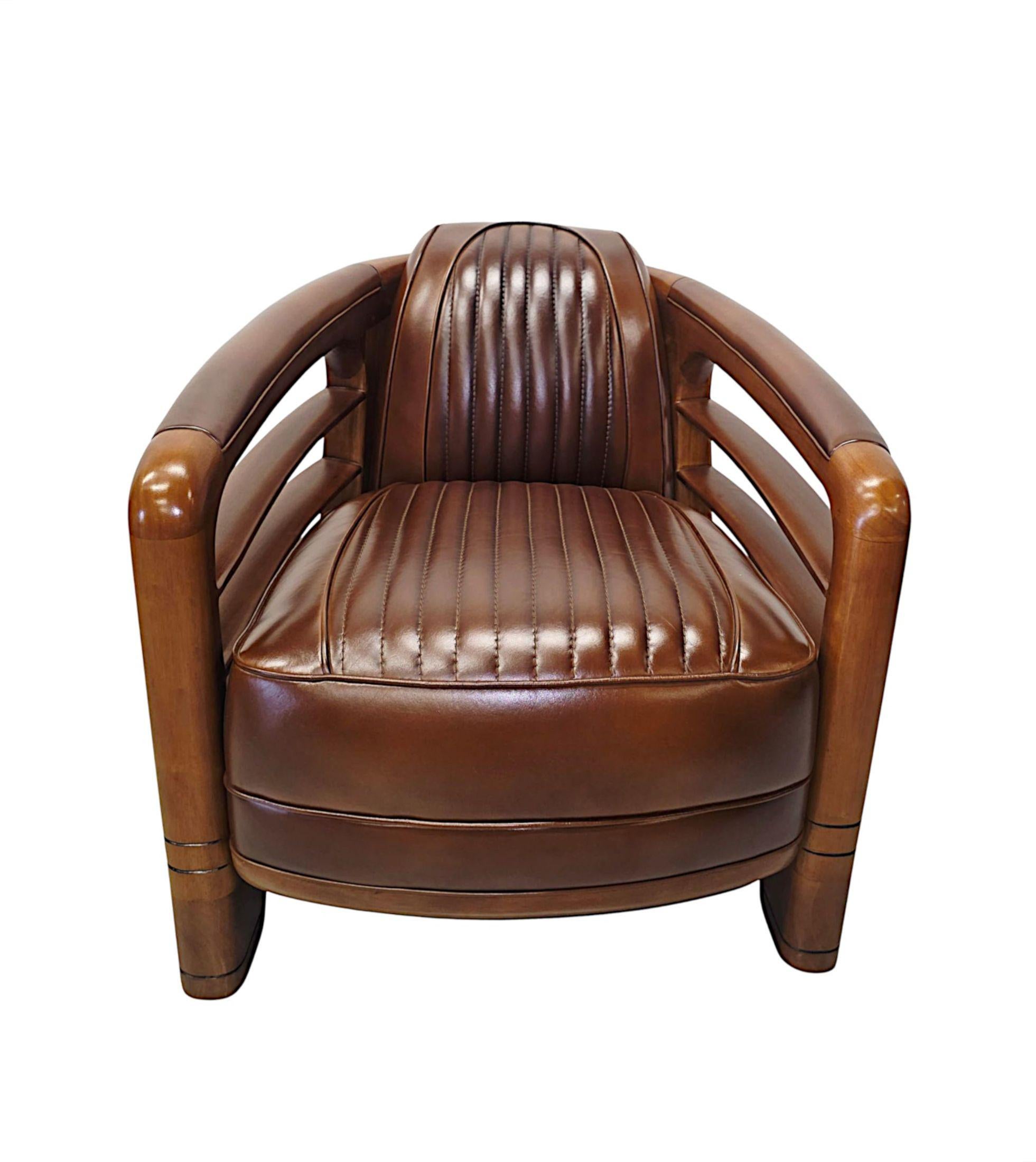 French A Very Fine Art Deco Design Walnut and Leather Club Armchair For Sale