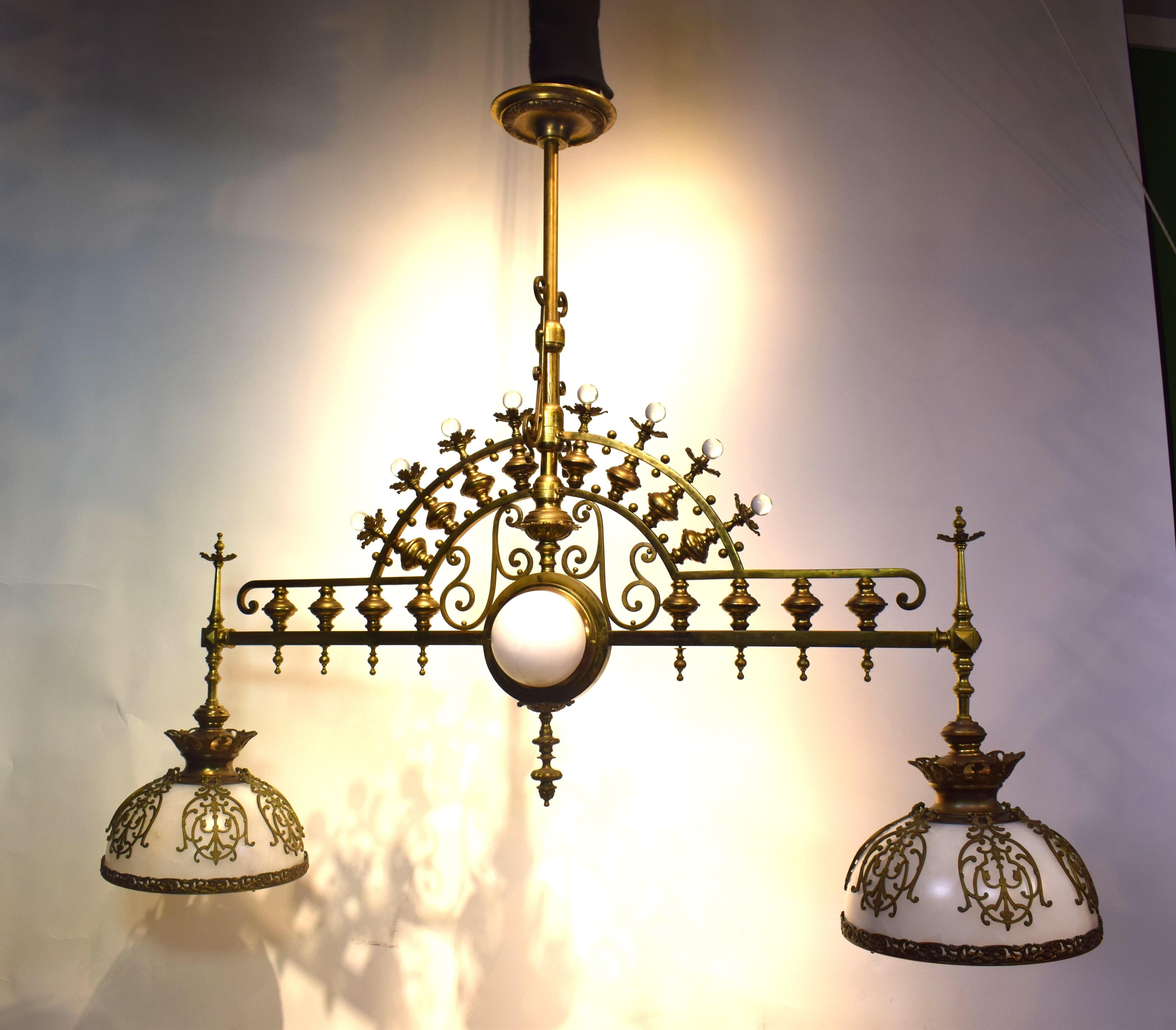 A Truly Exeptional Gilt Bronze, Alabaster & Cut Crystal Billiard Light Chandelier. France, circa 1900
Dimensions: Height 53