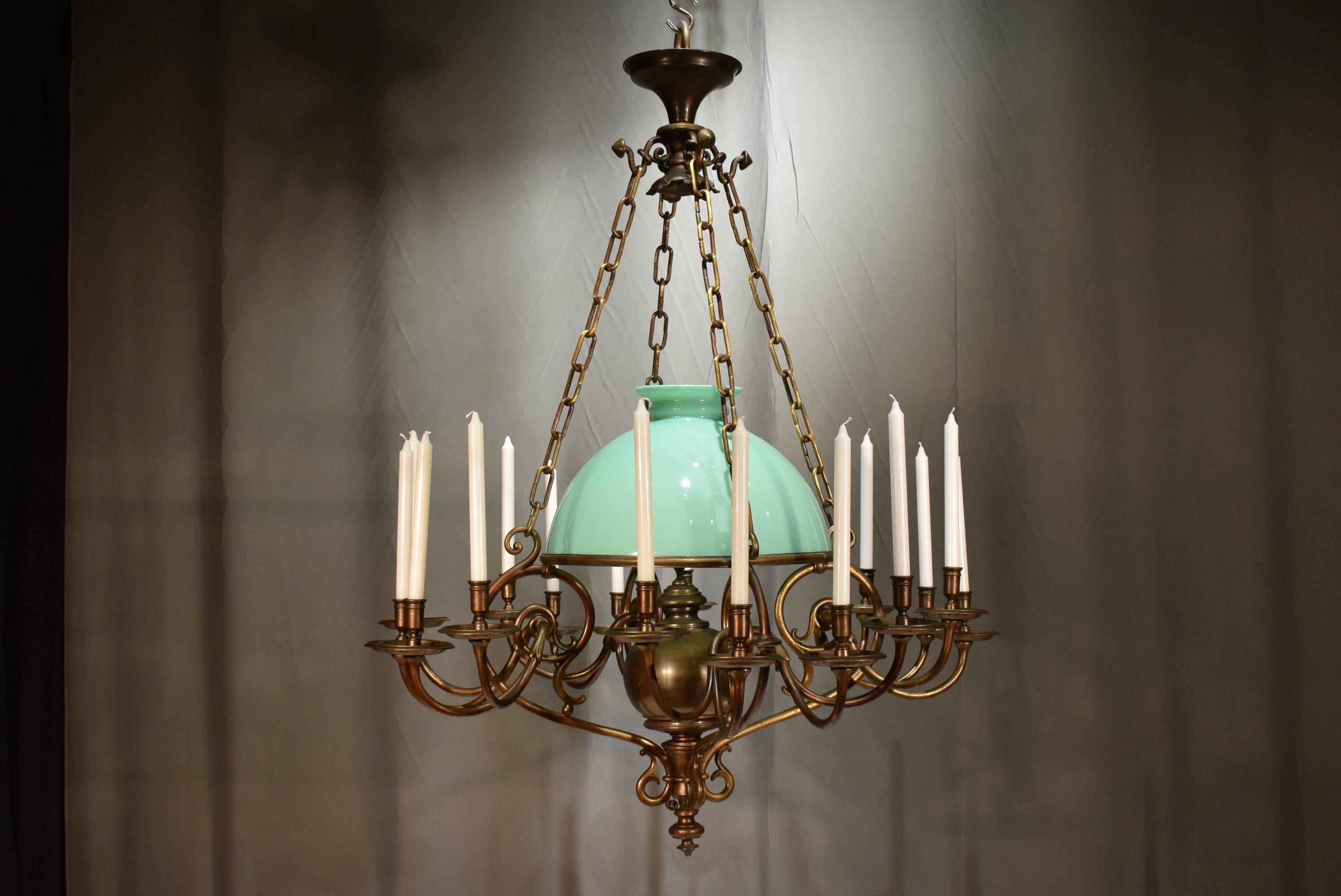 Austrian Very Fine Bronze Chandelier with Its Original Pale Green Shade For Sale