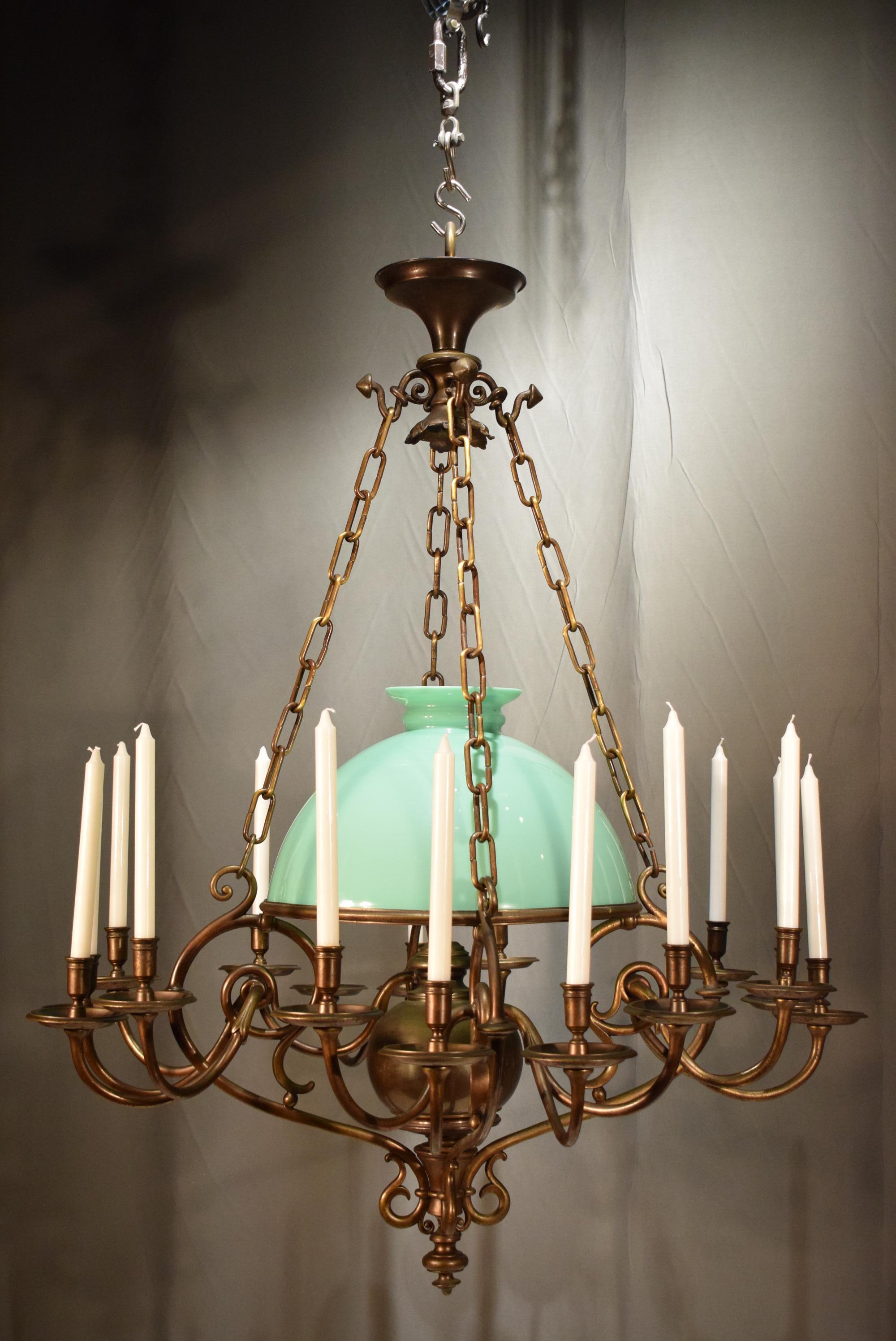 Very Fine Bronze Chandelier with Its Original Pale Green Shade In Good Condition For Sale In Atlanta, GA