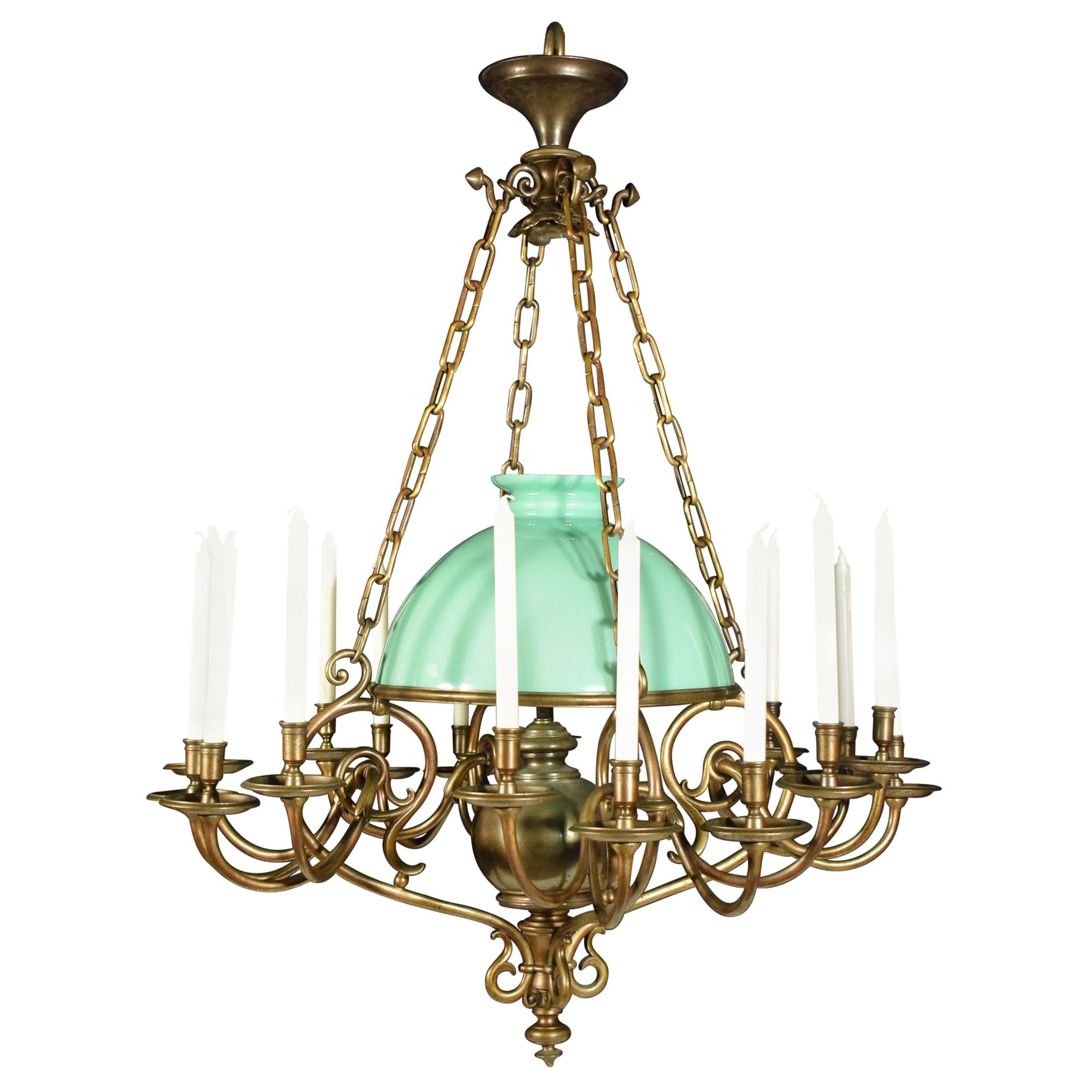 Very Fine Bronze Chandelier with Its Original Pale Green Shade For Sale