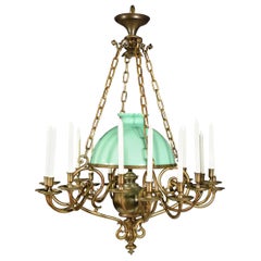 Antique Very Fine Bronze Chandelier with Its Original Pale Green Shade