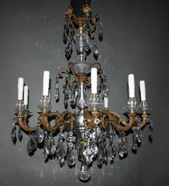 Very Fine Bronze & Crystal Chandelier Featuring Hand Cut Crystal Pendalogues