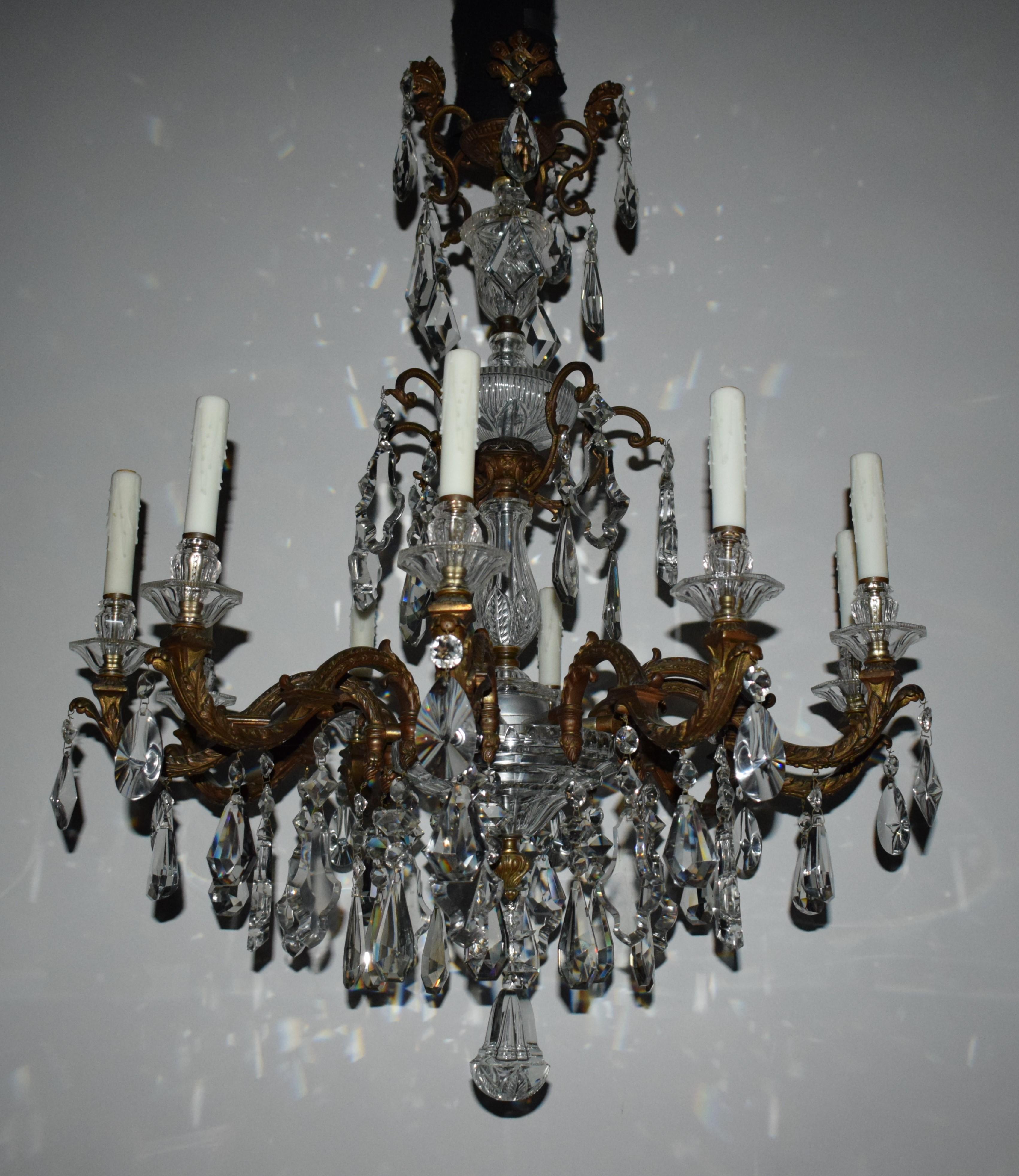 Neoclassical Very Fine Bronze & Crystal Chandelier Featuring Hand Cut Crystal Pendalogues For Sale