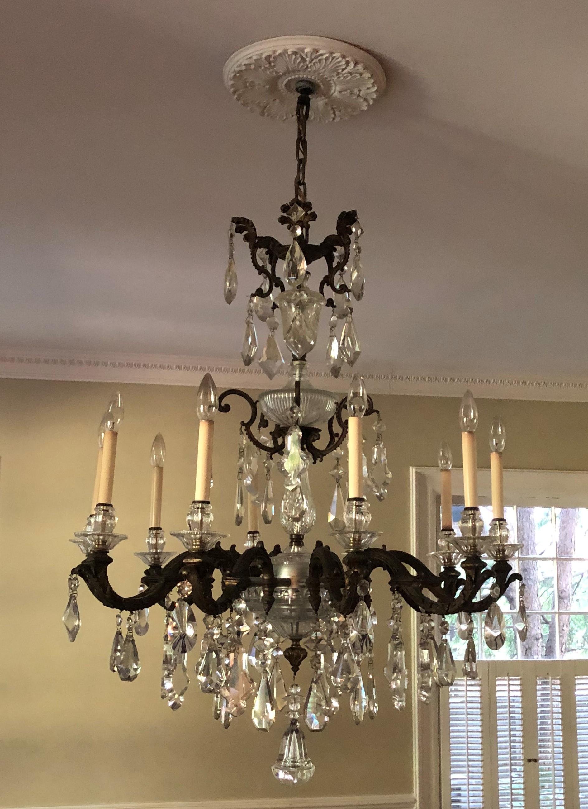 French Very Fine Bronze & Crystal Chandelier Featuring Hand Cut Crystal Pendalogues For Sale