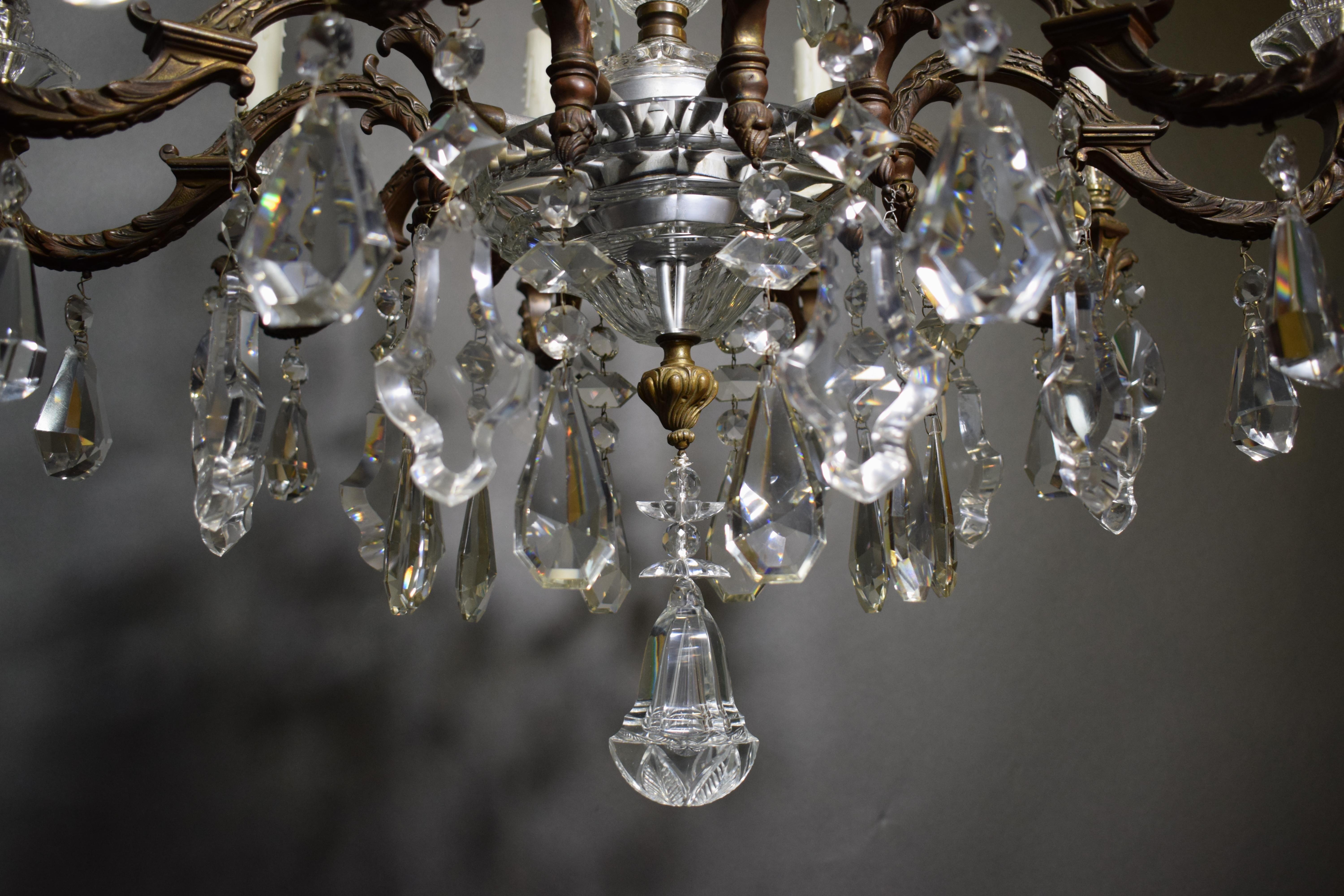 Very Fine Bronze & Crystal Chandelier Featuring Hand Cut Crystal Pendalogues For Sale 1
