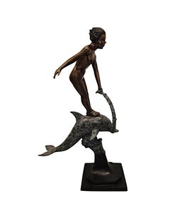A Very Fine Bronze Figurative Garden Sculpture of a Lady and Dolphin